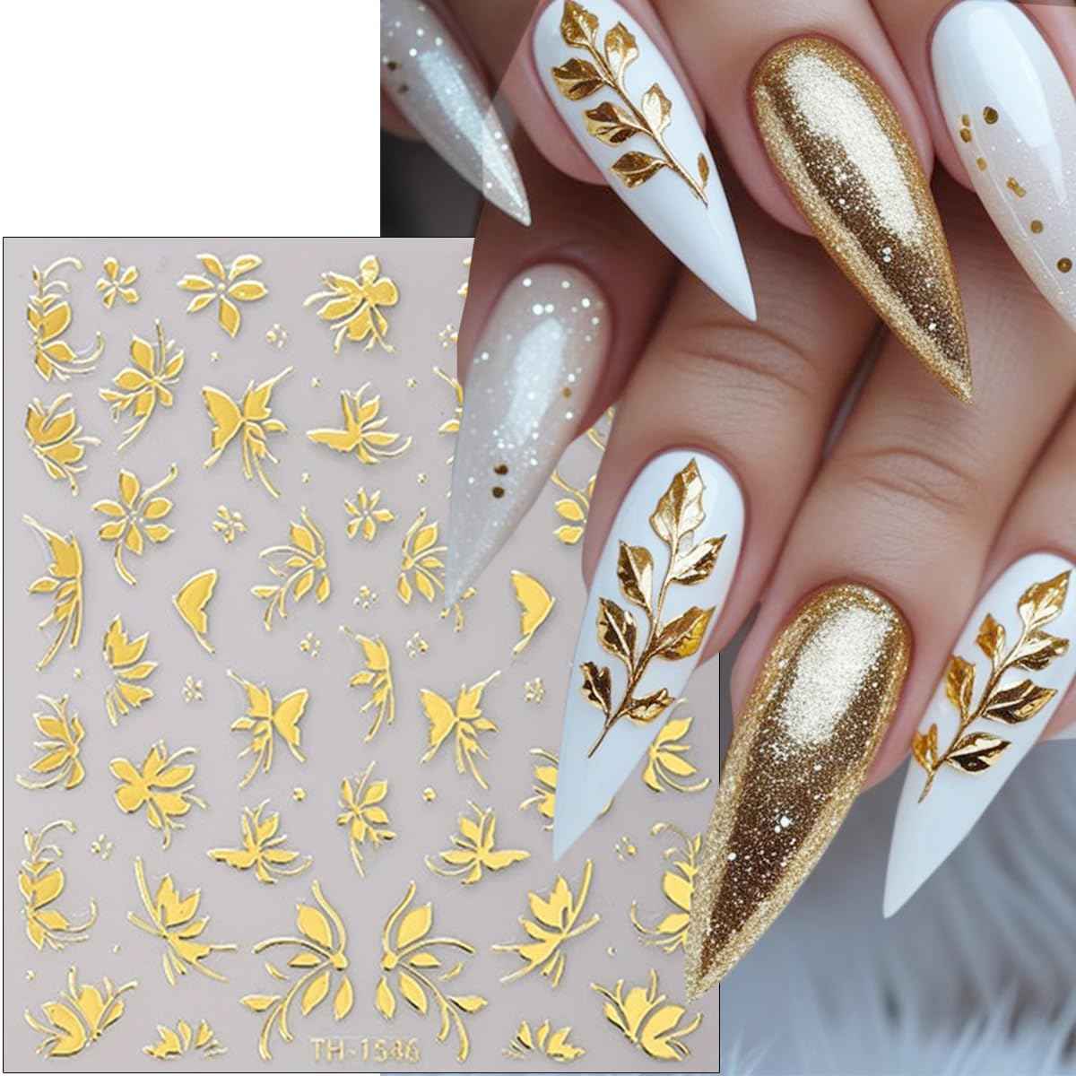6Pcs Gold Nail Art Stickers 3D Metallic Floral Leaf Nails Decals Gold Cherry Blossom Flower Nail Stickers Butterfly Nails Art Design Supplies for Women Girl Spring DIY Manicure Decoration Accessories