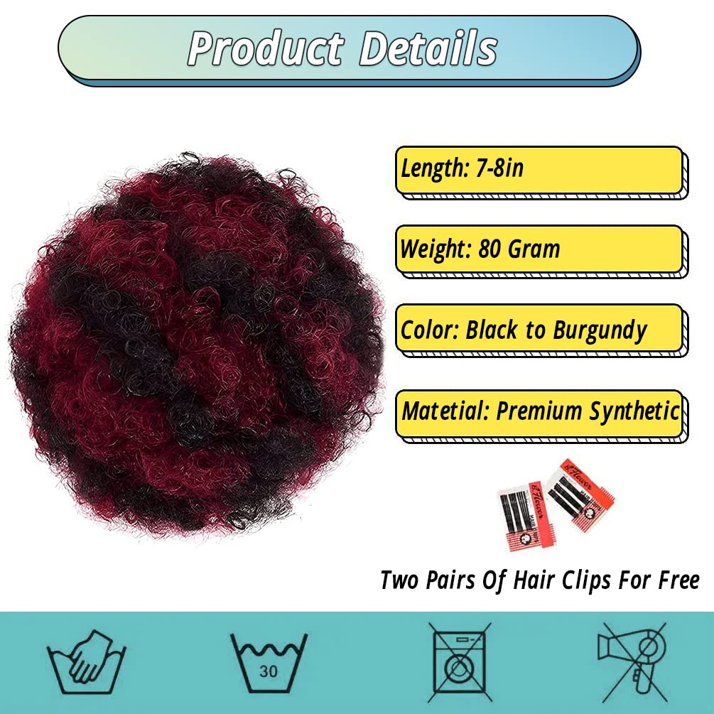 ISWEET Afro Puff Drawstring Ponytail, Curly Afro Bun Extensions Synthetic Ombre Red Hair, Short Afro Hairpieces Updo hair for Black Women (#T1B99J)