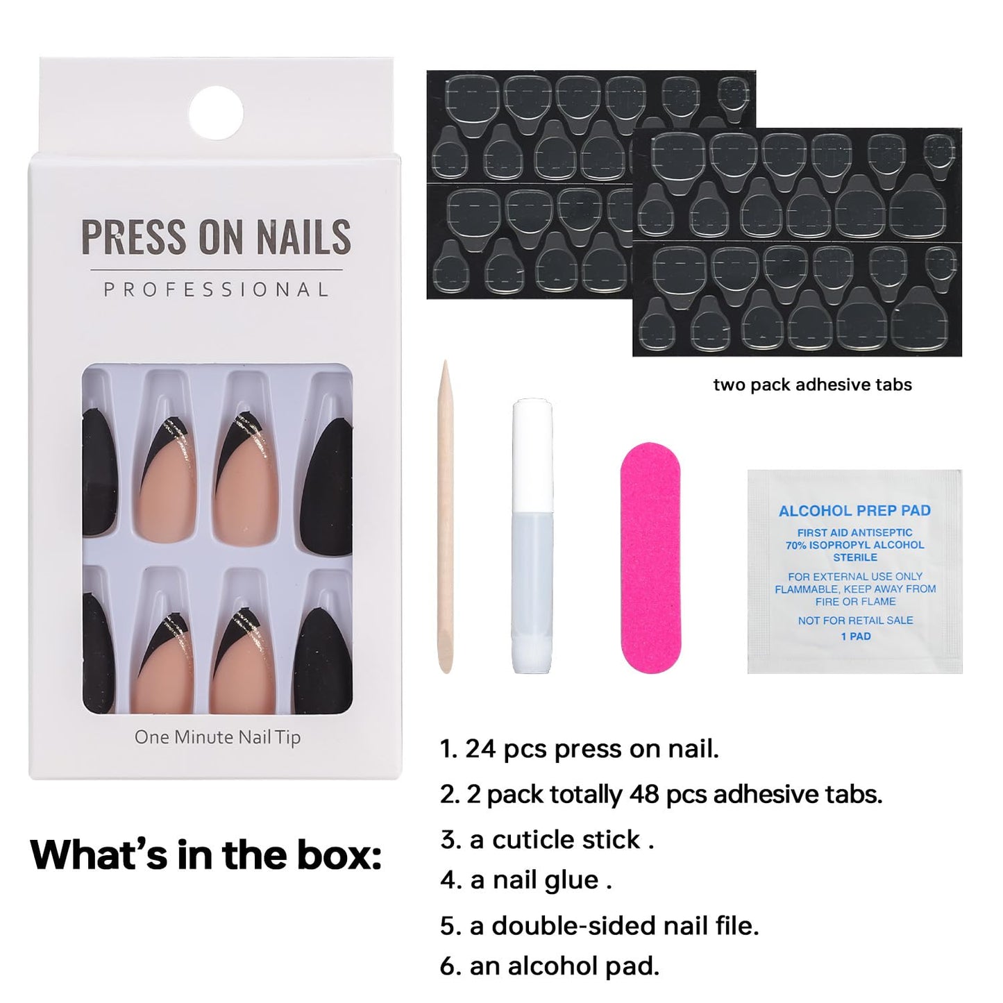 Press on Nails Short,24pcs Anyos French Gold Lines Design Fake Full Cover Acrylic ons for Women Girls with 48 Jelly Stickers,1 Nail Gule (Almond Glitter Black)