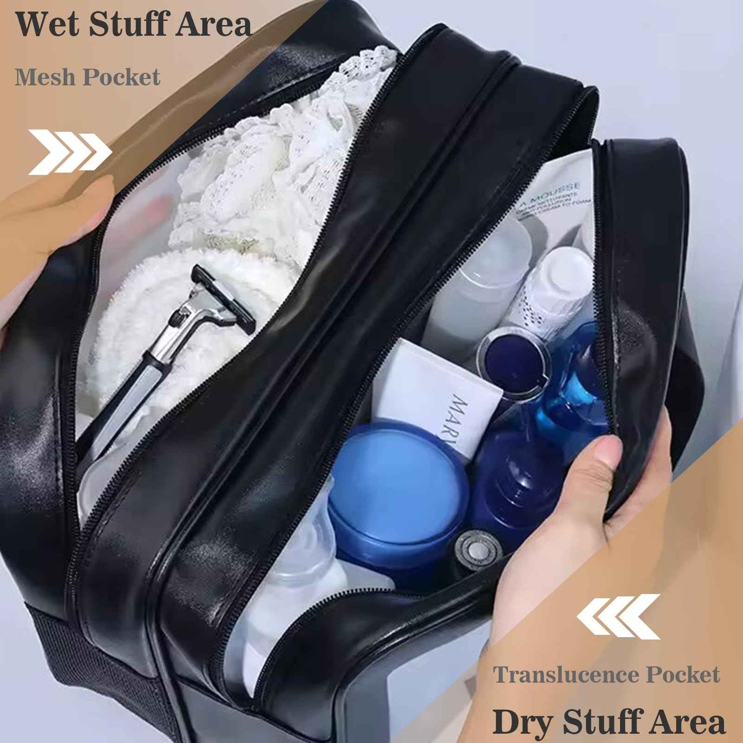 L&FY Large Toiletry Bag, Translucent Leather Makeup Cosmetic Organizer Bag Waterproof With Mesh Pouch For Gym, Workout Swim Beach Shower (Sky Blue, L)