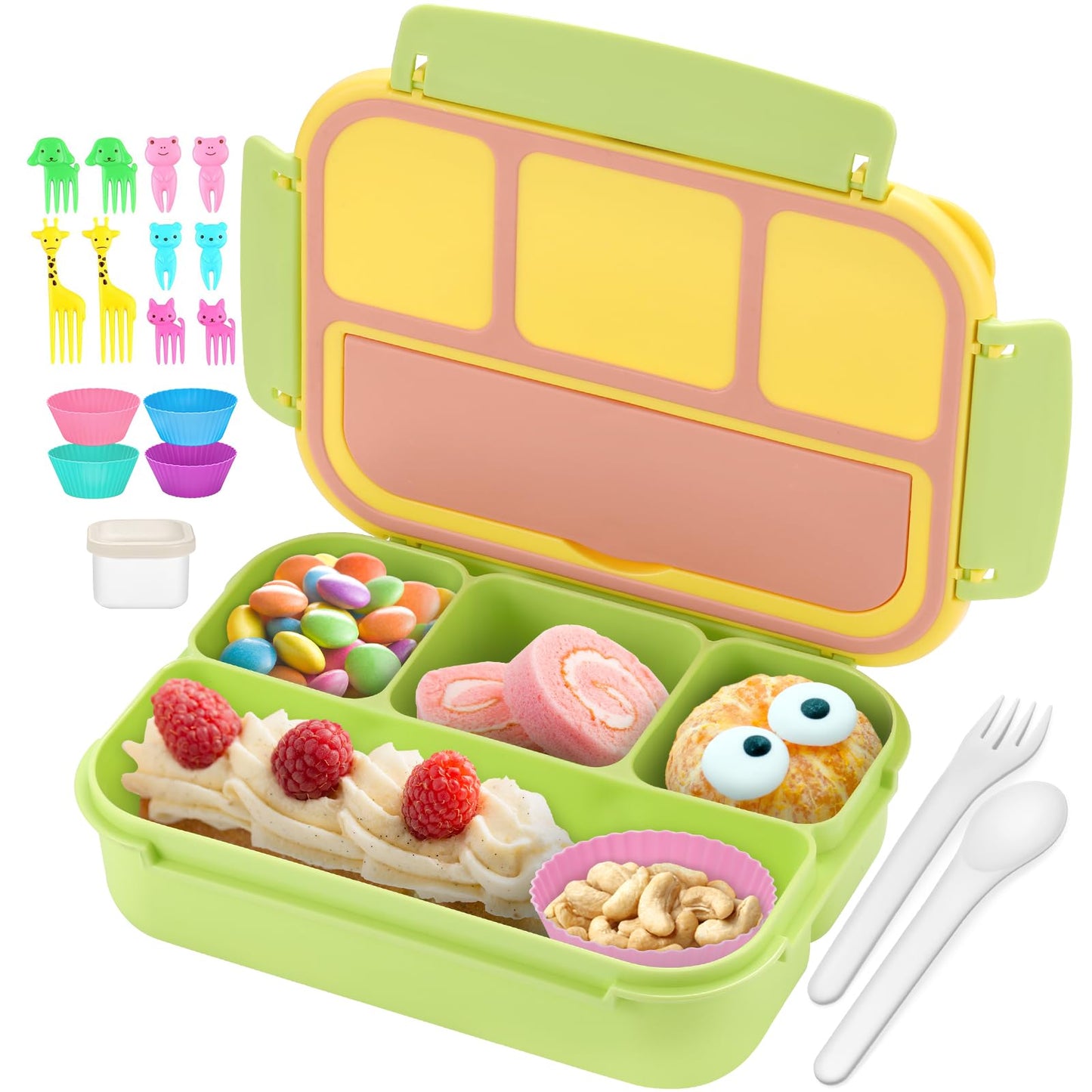 QQKO Bento Box for Kids Adults, School Toddler Lunch Box for Boys Girls, Lunch Box Containers with 4 Compartments, Sauce Container, Utensils, Food Picks and Muffin Cups for School, Pink Yellow Green