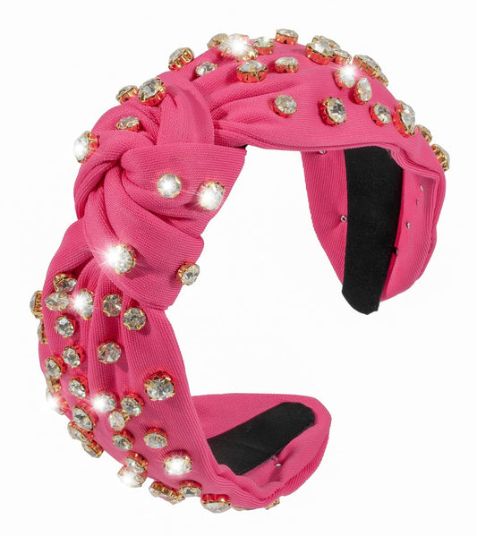 Mixcbe Rhinestone Knotted Hot Pink Headbands for Women, Sparkly Crystal Jeweled Headbands Top Knot Twist Wide Hot Pink Headbands Womens Fashion Hairbands Summer Hair Accessories Gifts