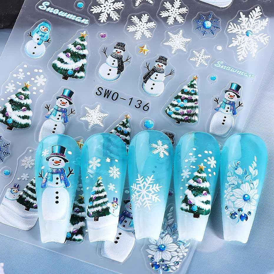 Christmas Nail Stickers 5D Embossed Christmas Tree Snowman Nail Art Stickers Snowflake Nail Decals Self-Adhesive Santa Claus Gingerbread Man Design Sticker Holiday Nail Art Decoration for Women 4Pcs