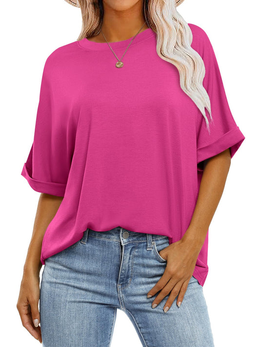 ANRABESS Women's Oversized T Shirts Short Sleeve Crewneck Summer Tops Casual Loose Basic Tee Shirts 2024 Trendy Clothes Hot Pink Small