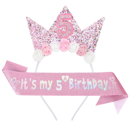 YARIEW 5th Birthday Decorations for Girls, 5th Birthday Headband and Glitter Birthday Sash Kit, Birthday Tiara Flower Princess Crown Headband It's My 5th Birthday Sash Birthday Girl Outfit