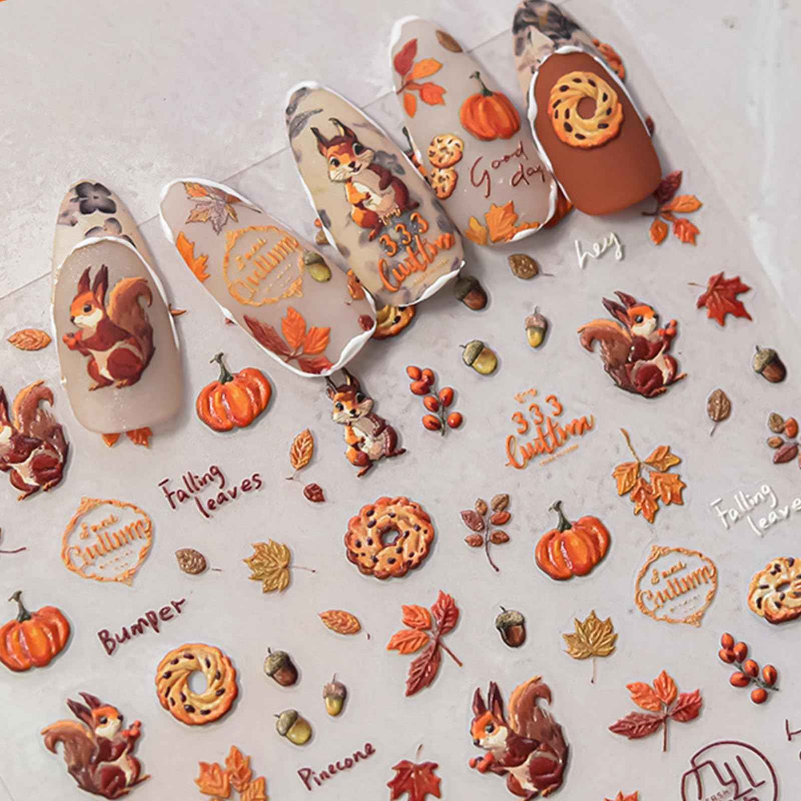1 Sheet Fall Nail Art Stickers 5D Embossed Cute Nail Decals Autumn Maple Leaf Squirrel Pine Cones Fallen Leaves Nail Design Self-Adhesive Manicure Stickers Accessories for Women DIY Nail Decorations