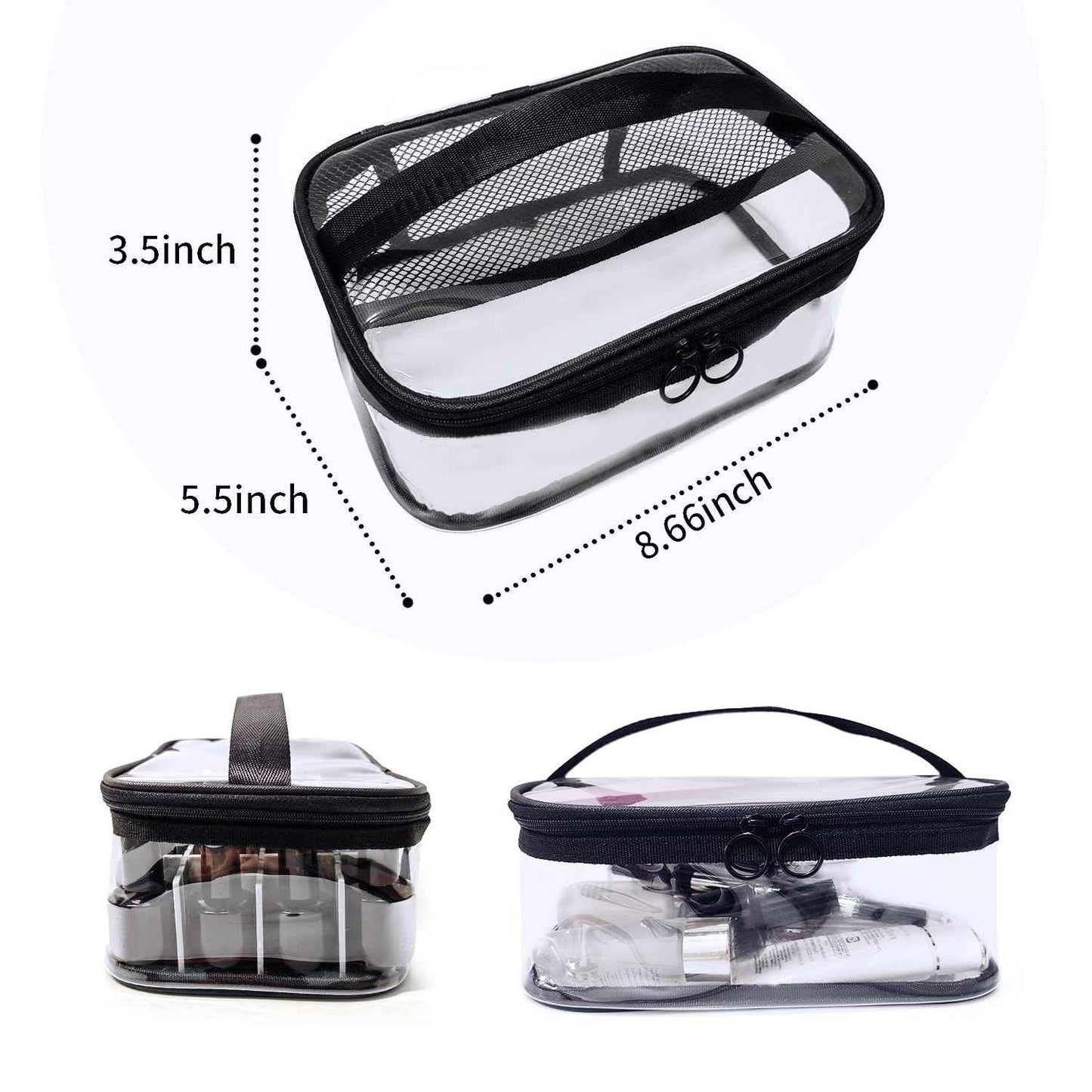 leevanoo Clear Makeup Bags with Mesh Top，Clear PVC with Zipper Handle Portable Travel Luggage Pouch，TSA Approved Cosmetic Organizer (Black)