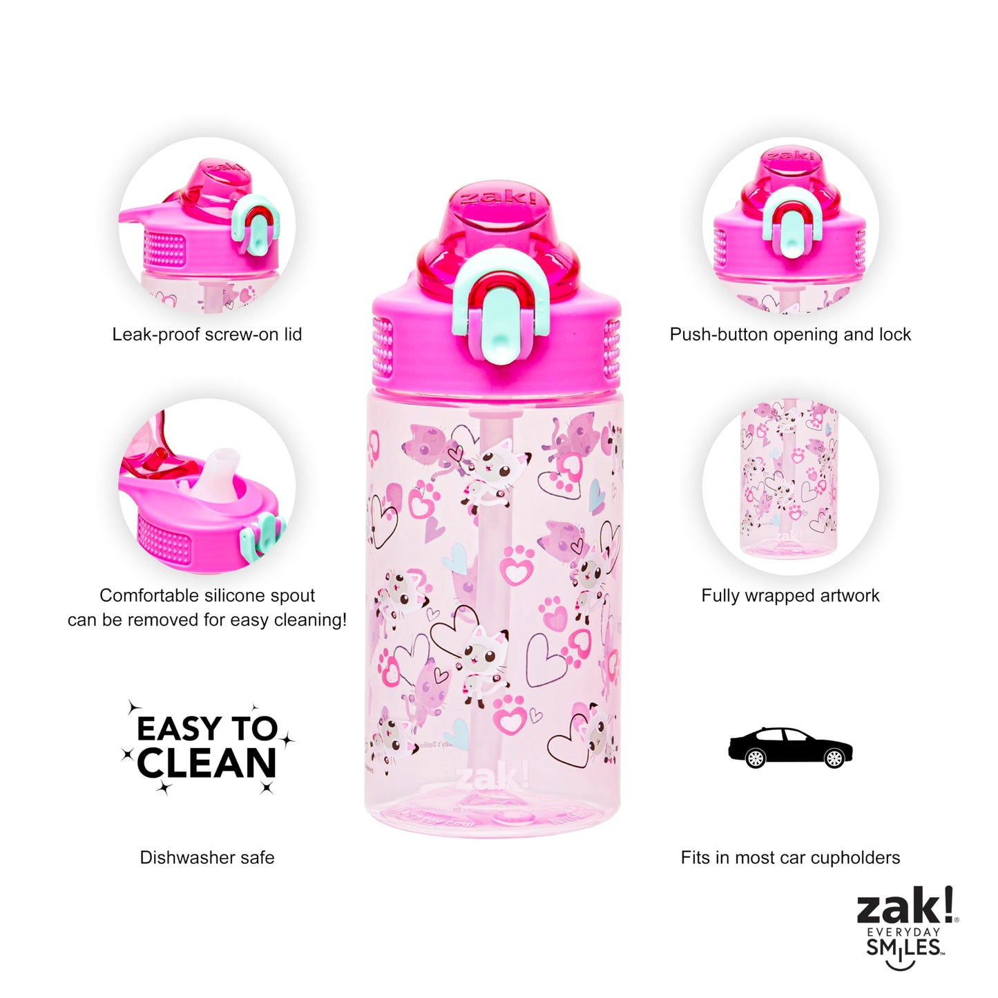 Zak Designs Sage DreamWorks Gabby's Dollhouse Kids Water Bottle For School or Travel, 16oz Durable Plastic Water Bottle With Straw, Handle, and Leak-Proof, Pop-Up Spout Cover (Pandy Paws)