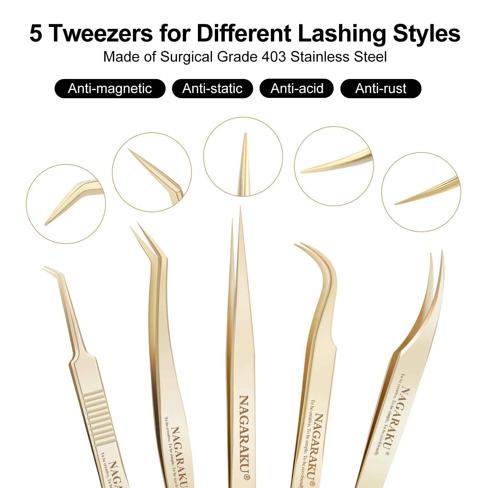 NAGARAKU 5 PCS Tweezers for Eyelash Extensions Straight and Curved Precision Professional Tweezer for Lash Extensions Volume Easy Fanning lash Precise Point with Storage Case Bag