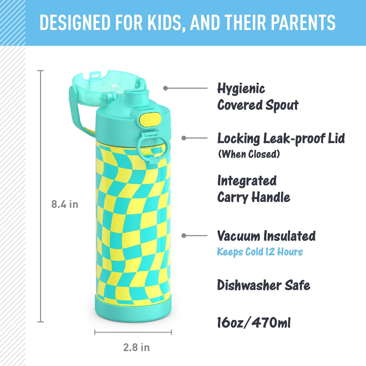 THERMOS FUNTAINER 16 Ounce Stainless Steel Vacuum Insulated Bottle with Wide Spout Lid, Wavy Checkers Teal