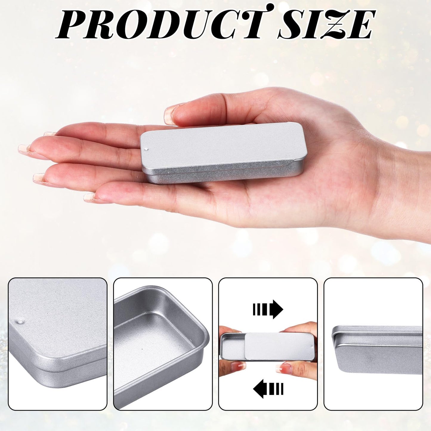 Norme 100 Pcs Slide Top Small Tin Containers Rectangular Cosmetics Metal Boxes Small Lip Balm Containers Tin Box Metal Tins with Lids for Lip Balm Jewelry Crafts Pills, 3.15 x 1.38 x 0.43" (Silver)