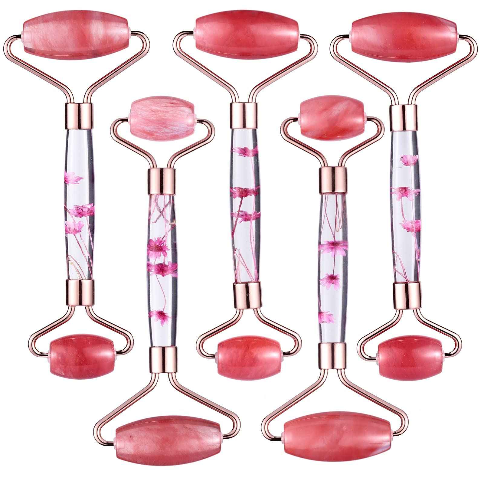 Amogeeli Cherry Quartz Stone Roller for Face, Beauty Massage Facial Roller for Wrinkles, Puffiness