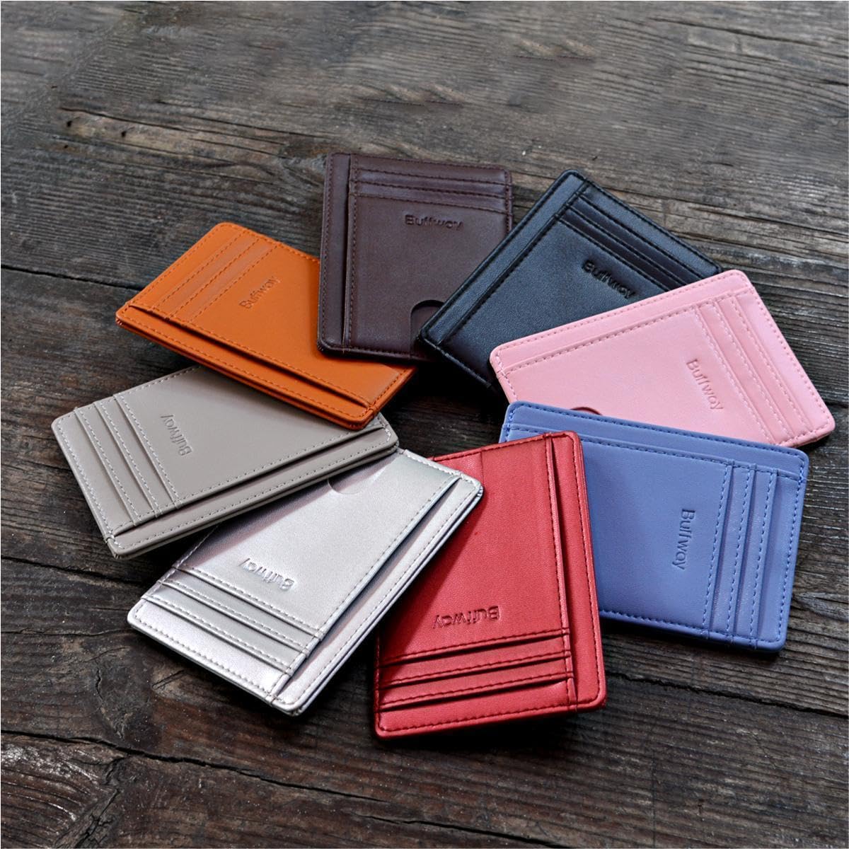 Buffway Slim Minimalist Front Pocket RFID Blocking Leather Wallets for Men and Women - Sand Rose Gold