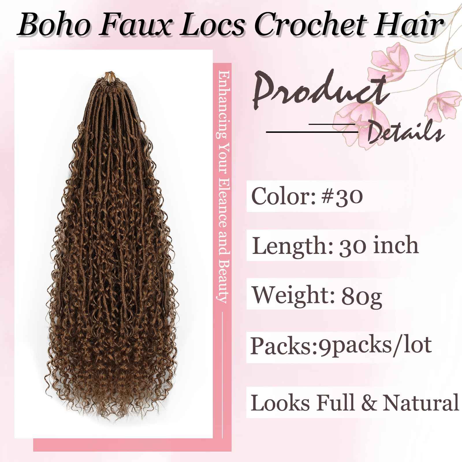 Haftaluv Boho Faux Locs Crochet Hair 9 Packs Long Goddess locs 30 Inch Boho Soft Locs With Curly Ends Pre Looped Bohemian River Loc Crochet Hair For Women (30 inch,#30)