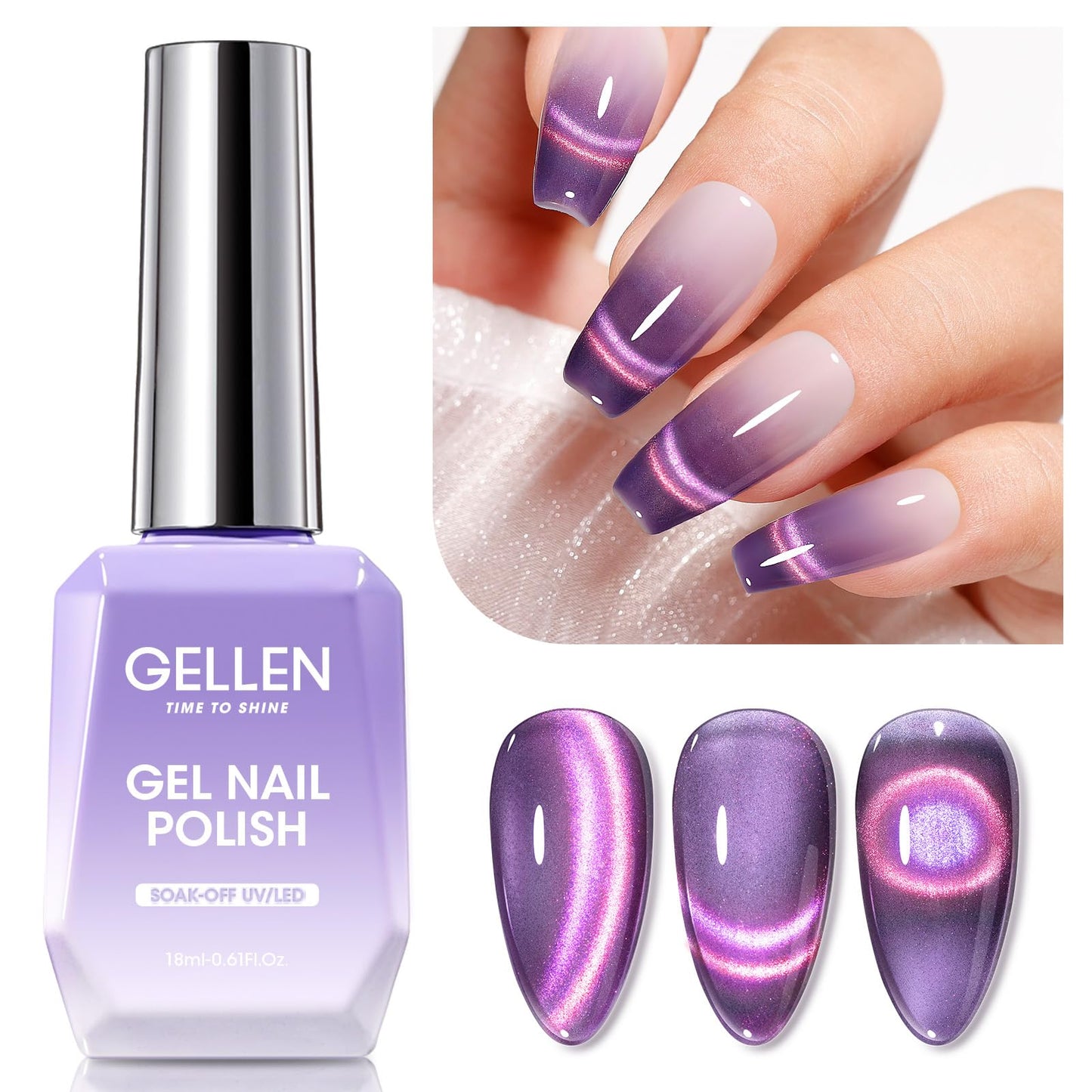 Gellen Cat Eye Gel Polish, 18ml Magnetic Gel Polish Holographic Glitter Purple Pink Nail Polish Gel Soak Off UV LED Shimmer Nail Gel Nail Art Manicure Gifts for Women Girls