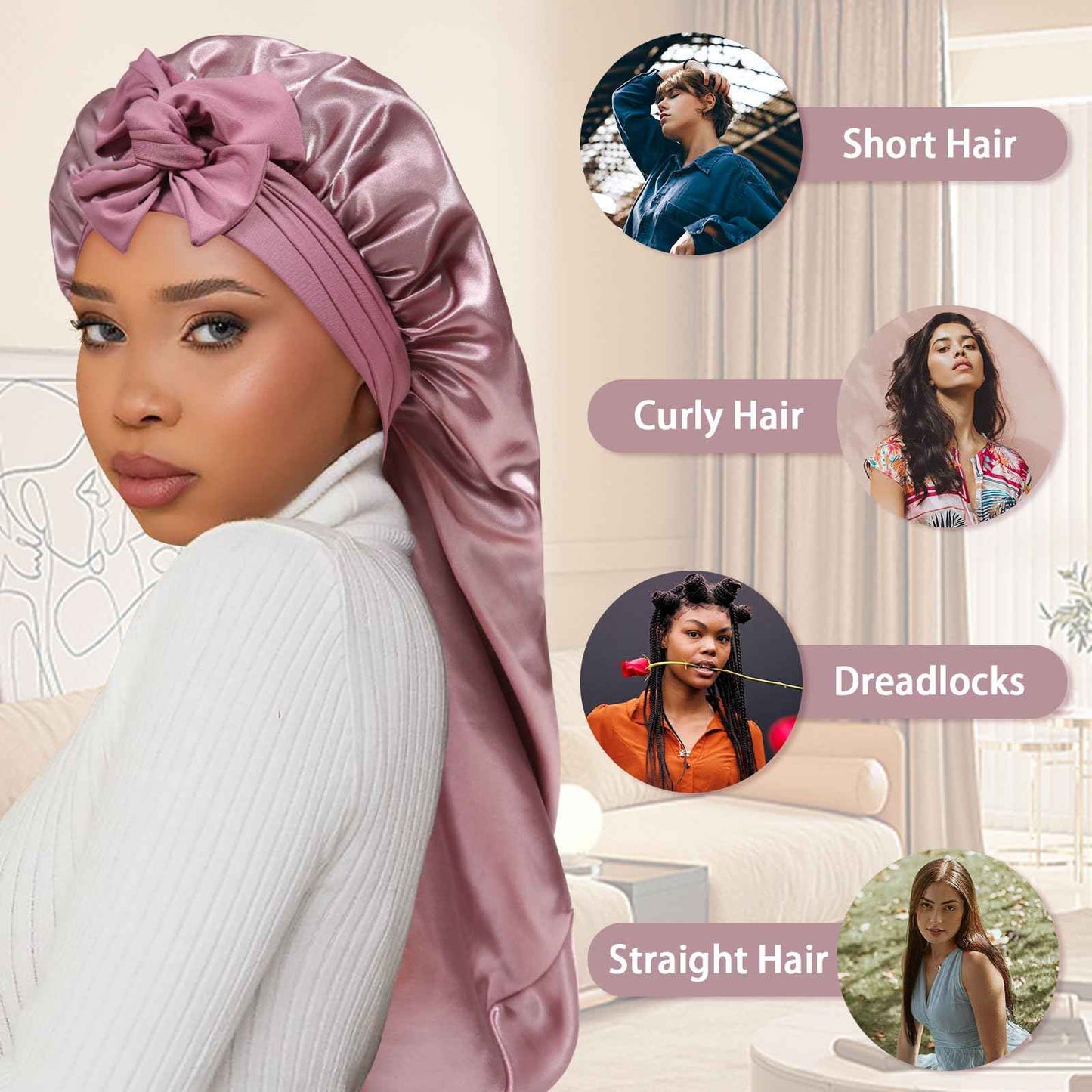 Long Satin Braid Bonnet for Women Silk Bonnet for Sleeping Sleep Cap with Elastic Tie Band Night Cap for Long Curly Hair Give Away Scrunchie(Bean Paste)