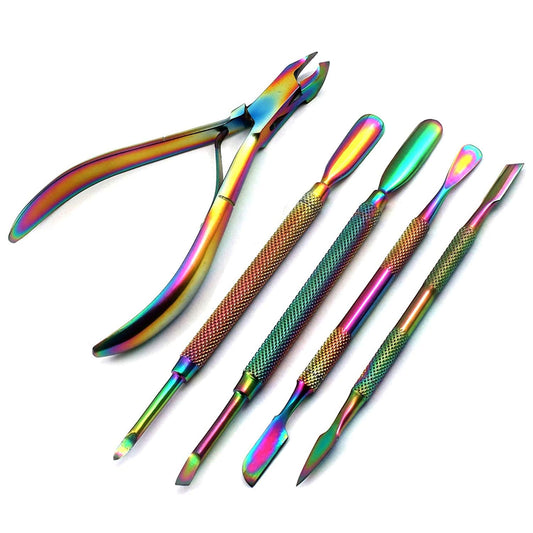 PRECISE CANADA: CUTICLE PUSHER REMOVER WITH NIPPER RAINBOW STAINLESS STEEL MANICURE NAIL ART TOOL SET