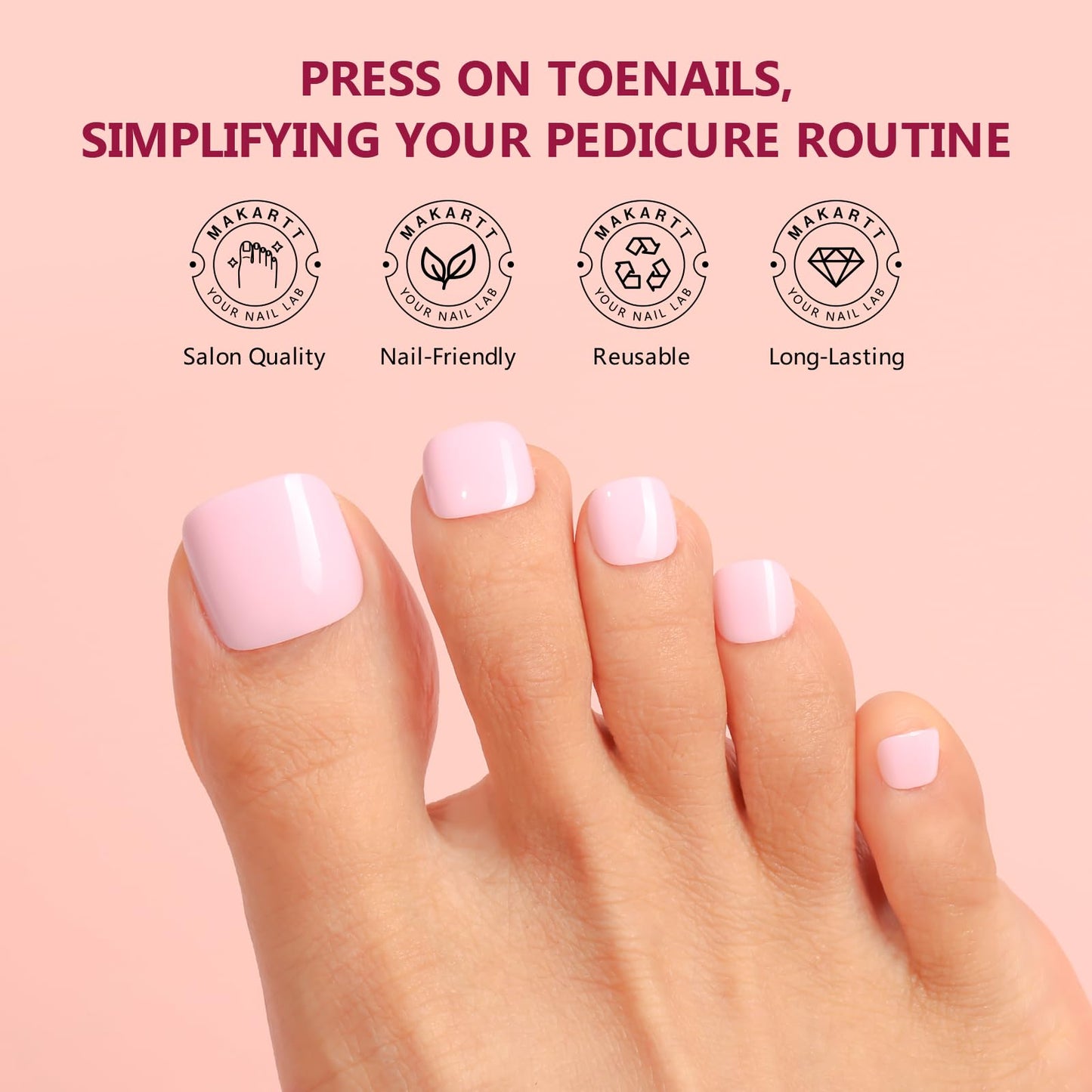 Makartt Press On Nails Short, Fake Nail with Glue, 24 PCS Glossy Pink Press on Toenails for women Acrylic Toenails Natural Fit with Nail Glue Stick Adhesive Tabs Nail File Manicure for Home Salon