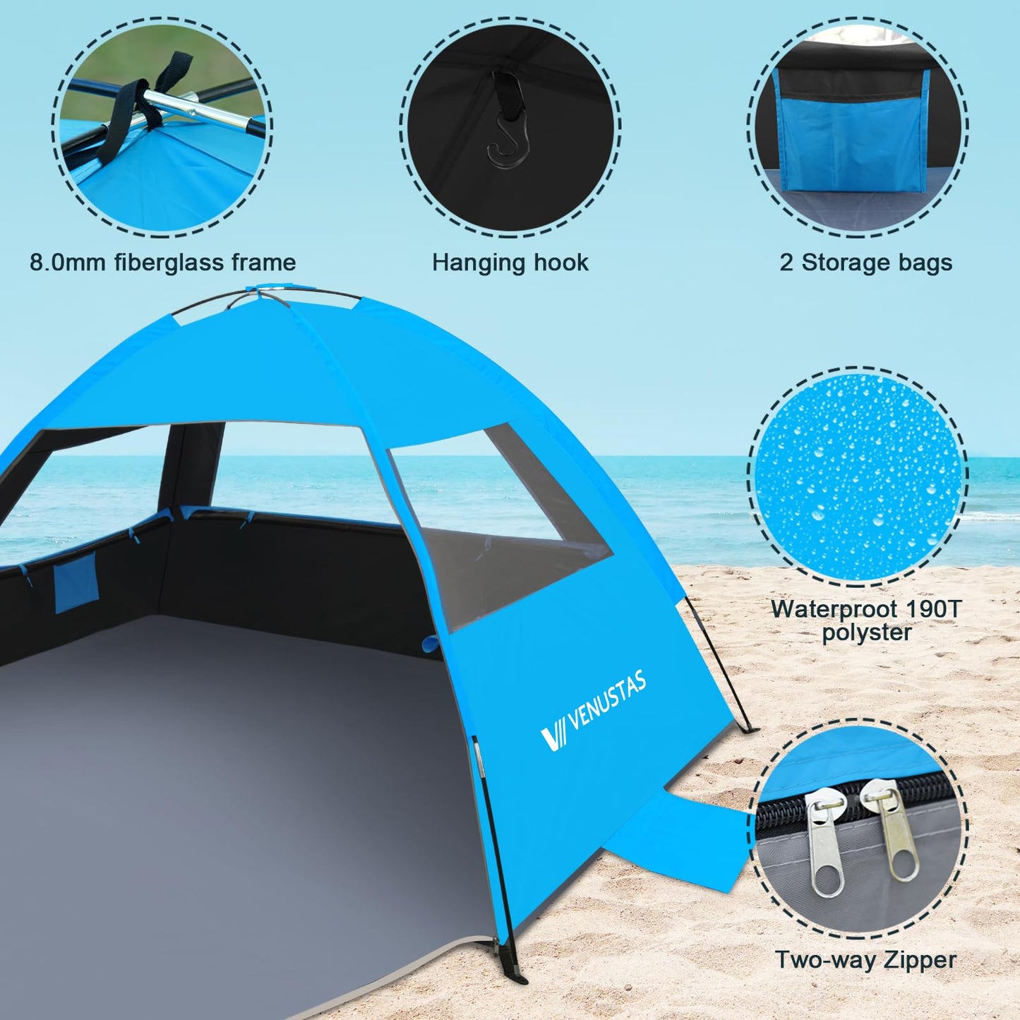 Venustas Beach Tent Sun Shelter for 3/4-5/6-7/8-10 Person, UPF 50+ UV Protection Beach Canopy, Lightweight and Easy Setup Cabana, Portable Beach Shade Tent