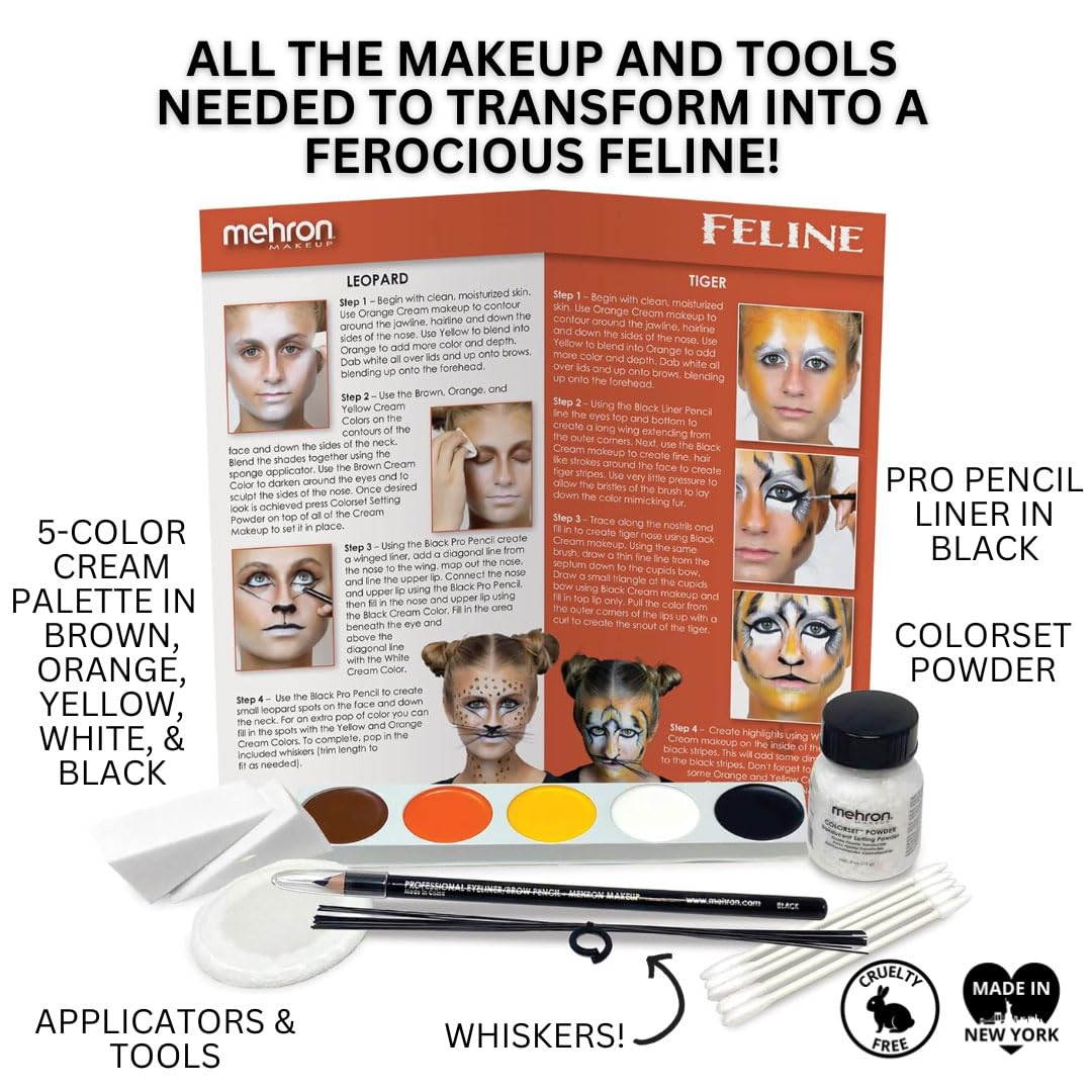 Mehron Makeup Premium Character Kits| Makeup Kits for Halloween & Cosplay| Made in the USA | Complete Makeup Kit | Includes all Makeup, Tools, & Instructions on How to Create the Look | (Feline/Cat)