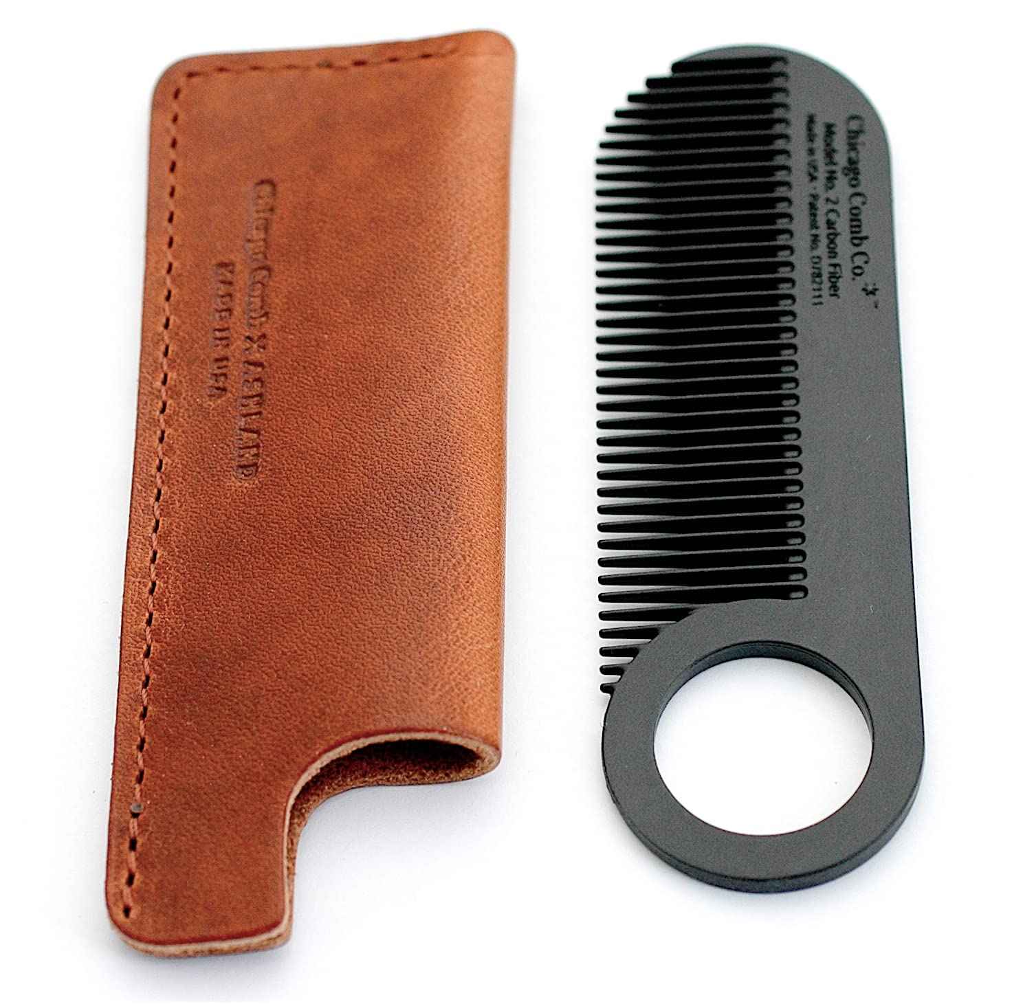 Chicago Comb No. 2 Carbon Fiber + Tan Horween leather sheath, Made in USA