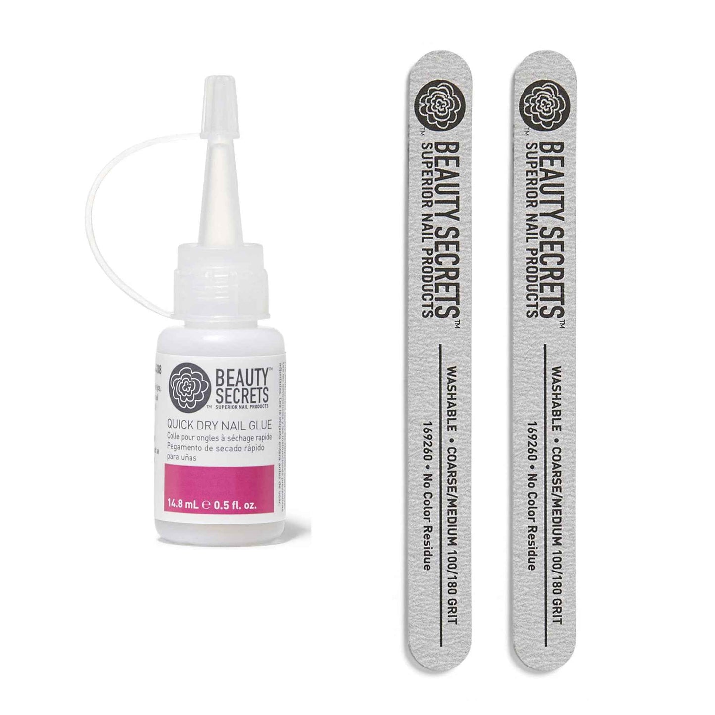 Beauty Secrets Quick Dry Nail Glue .5 Fl Oz Bundled with Zebra Cushion Nail File Medium Coarse 180/100 Grit (2 Pack) by Beauty Secrets