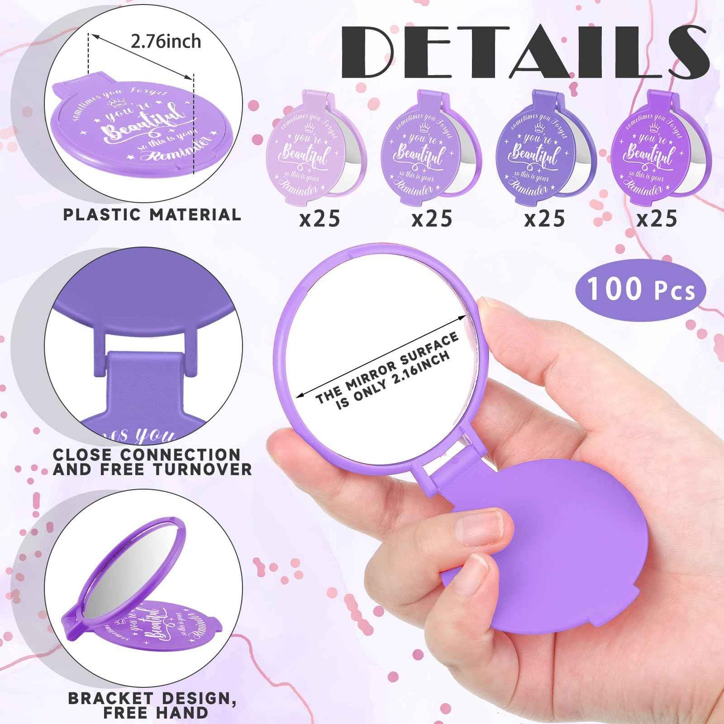 Gulfmew 100 Pcs 2.76 Inch Inspirational Compact Mirror Bulk Party Favors Quinceanera Gift Purse Small Mirror Pocket Mini Gifts for Women Adult Coworker Halloween Christmas Friends (Purple Series)