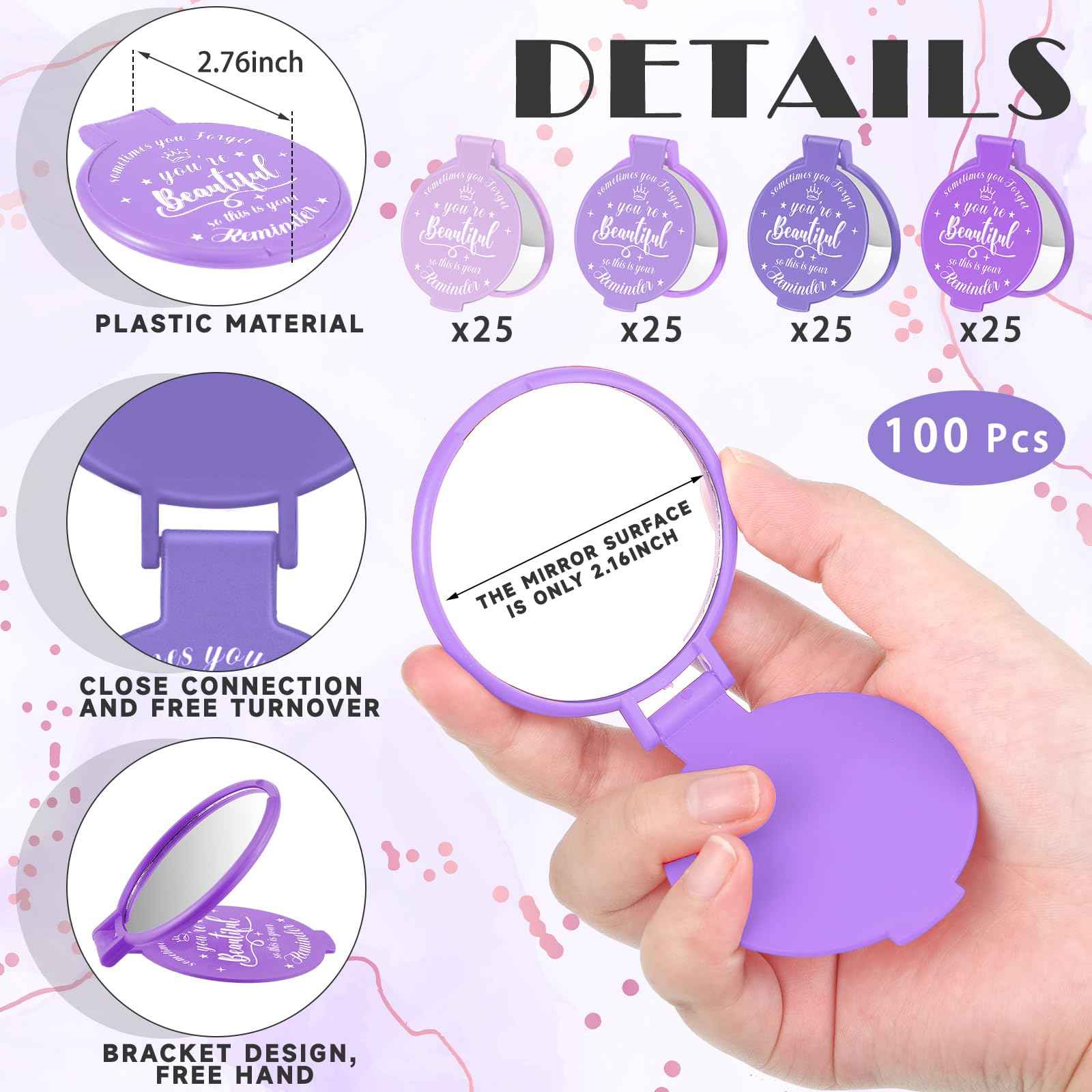 Gulfmew 100 Pcs 2.76 Inch Inspirational Compact Mirror Bulk Party Favors Quinceanera Gift Purse Small Mirror Pocket Mini Gifts for Women Adult Coworker Halloween Christmas Friends (Purple Series)