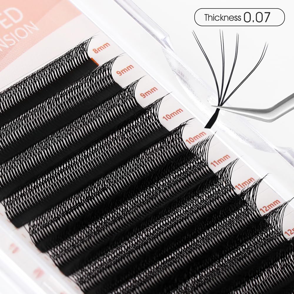 NATUHANA WW Clover Eyelash Extensions 0.07mm C Curl 9-15 Mixed Tray Double 4D lashes Supplies Premade Fans Russian Volume Faux Mink 12Rows/Case W Shape Lash Extensions (d4D black;0.07 C, 9-15 MIX)