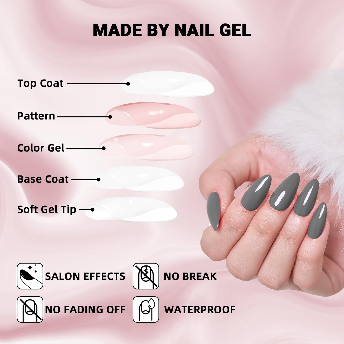 Wooyas Soft Gel Press on Nails Medium ，Almond Glossy Handmade Fake Nails Reusable, Fit Perfectly Glue On Nails in 12 Sizes - 24 Pcs Soft Gel Glue On Nails Kit, Cement Gray Color