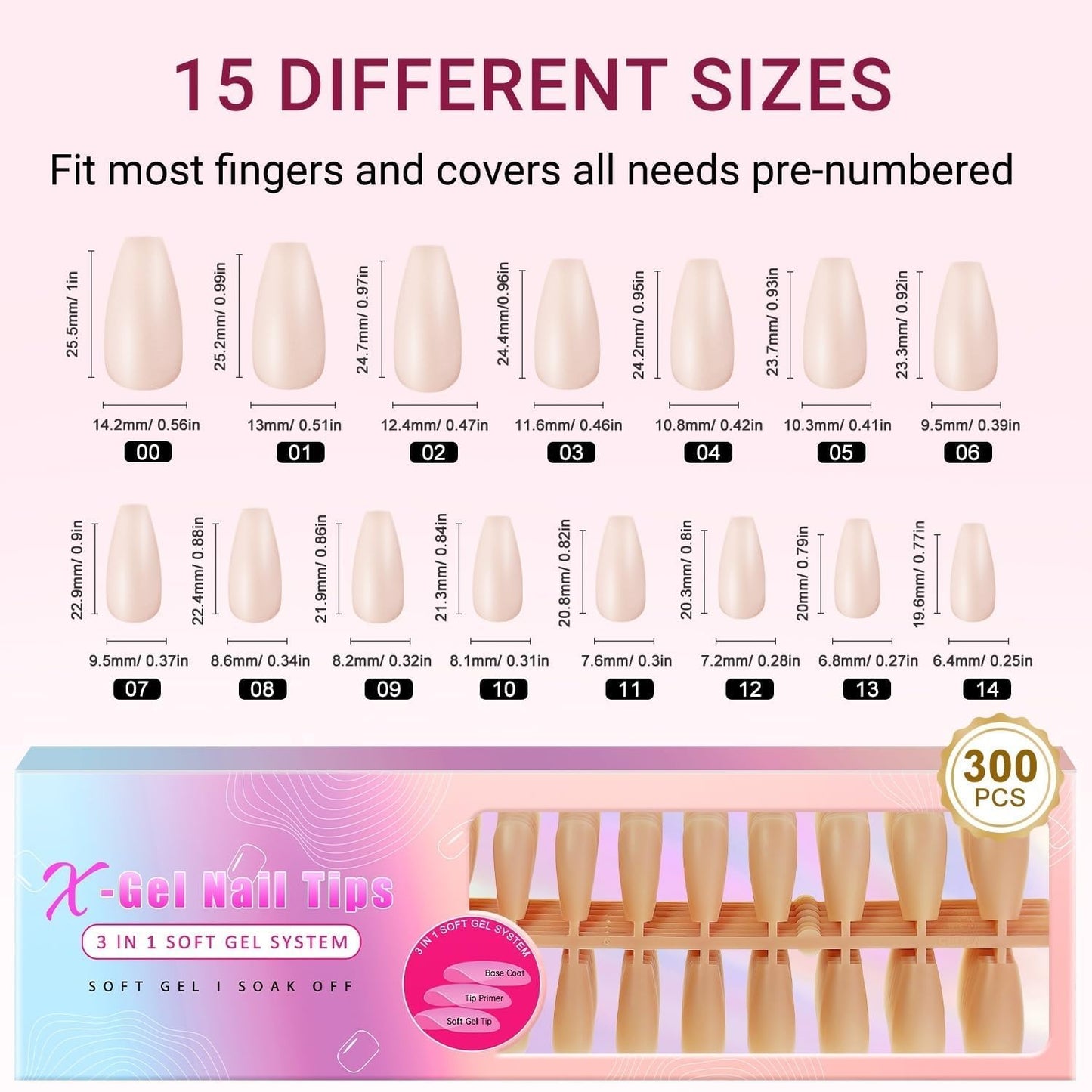 KQueenest Natural Nude Gel x Nail Tips Long Coffin, Skin Tone Gel Press on Nails Long Ballerina, Semi-Transparent Gel Tips Nails Fake Nails, Pre Colored Gel Nail Tips Kit for DIY Nail Art 300 Pcs