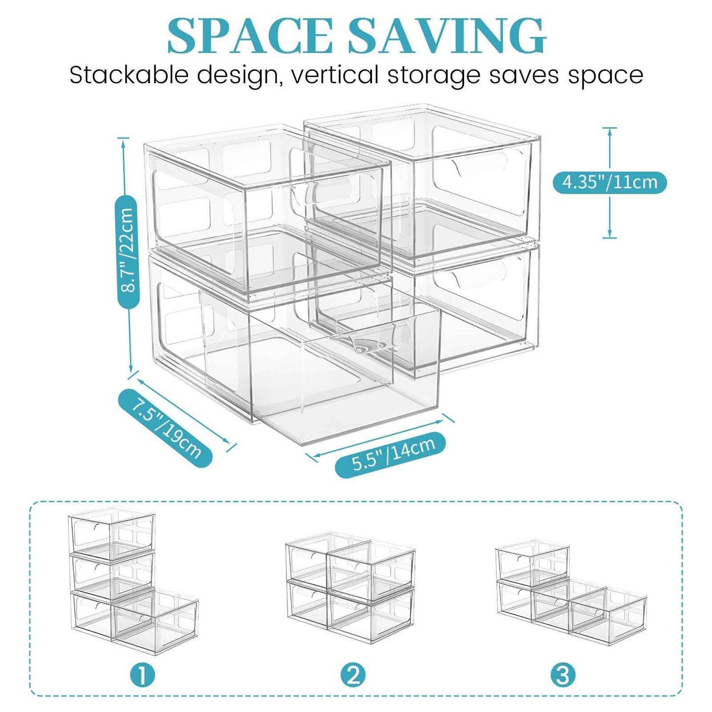 SpaceHacks 6 Pack Stackable Plastic Makeup Organizer Drawers, Acrylic Organizers, Clear Storage Bins with Pull-Out Handles for Vanity, Kitchen Cabinets, Pantry