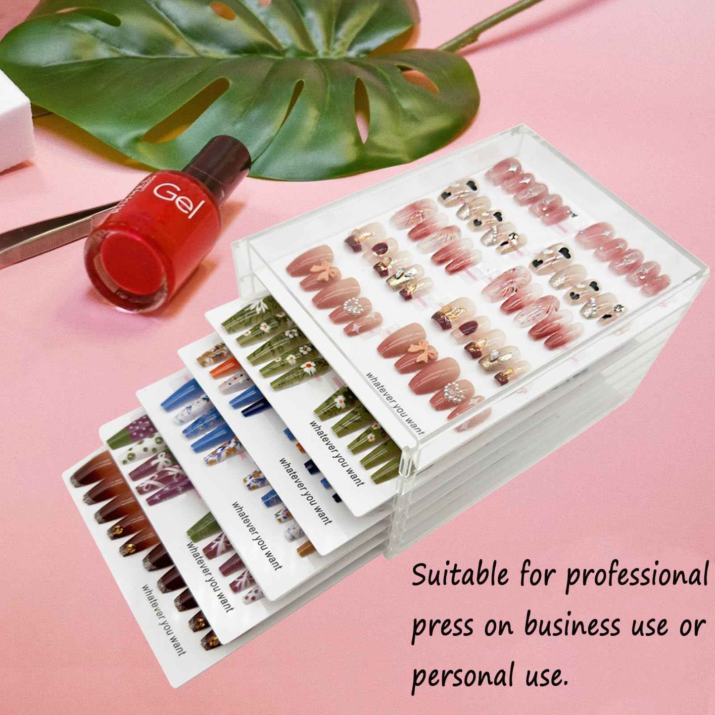 Press On Nail Organizer 6 Layer Acrylic Press On Nail Storage Box Large Nails Art Display Board for Fake Nails Storage Case Nail Display Salon Supplies with Tape