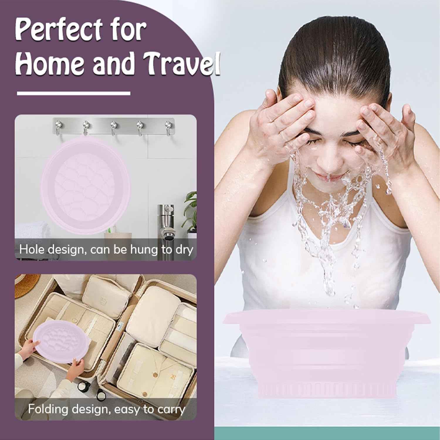 Portable Ice Bath Bowl for Face - Collapsible Silicone Bowl with Built-In Ice Tray for Acne Relief for Home, Travel & Parties (Purple)