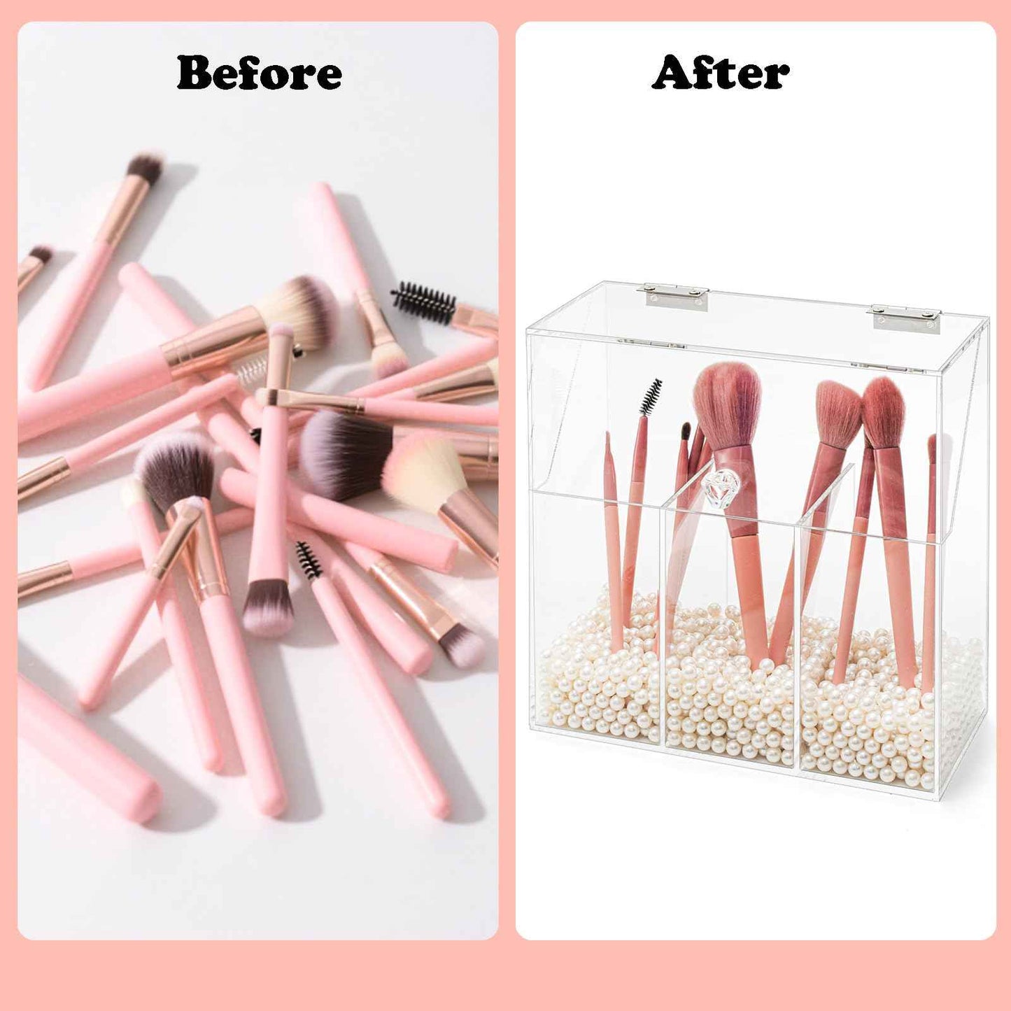 Okllen Makeup Brush Holder with Dustproof Lid, White Pearls, Acrylic Clear Makeup Brush Organizer with 3 Compartment, Large Cosmetic Brush Storage Box Case for Vanity, Bathroom, Bedroom