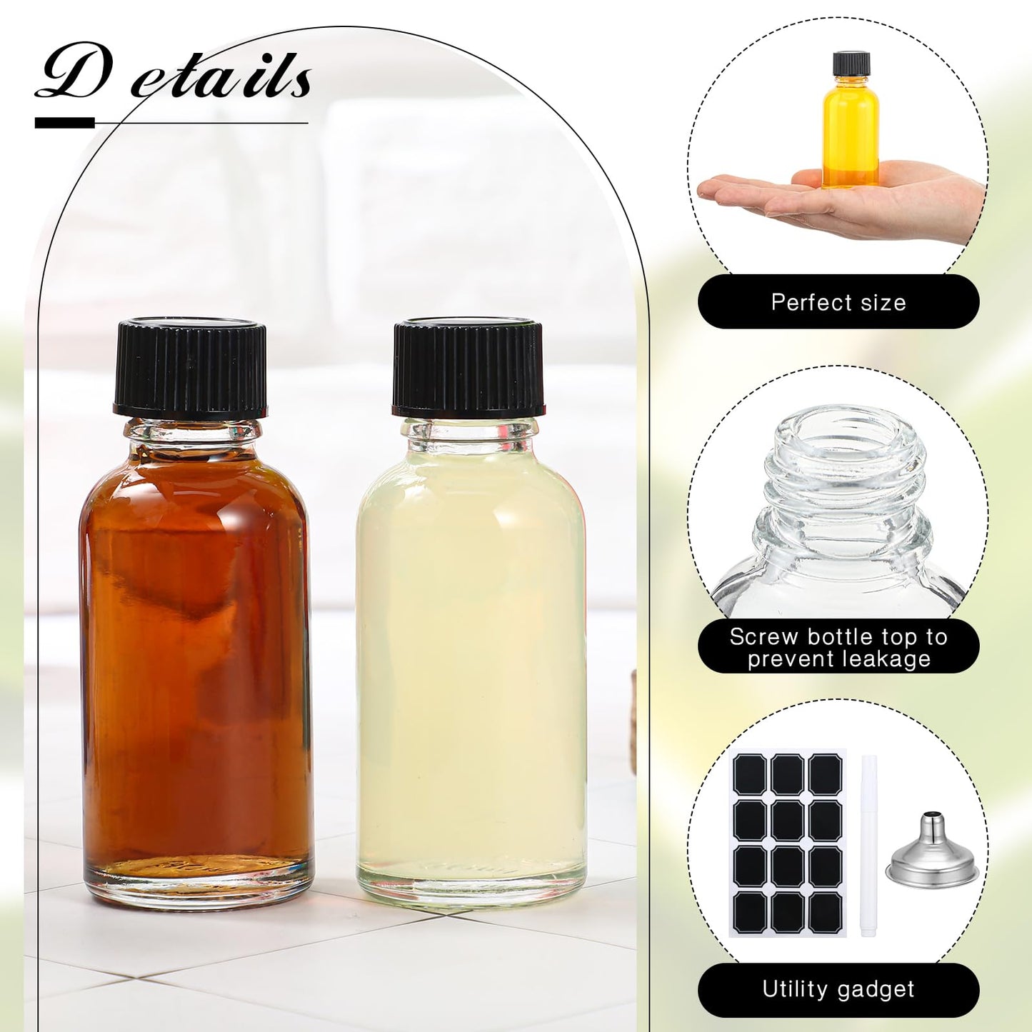 Hsei 48 Pcs 1 oz Glass Bottle with Black Cap Clear Sample Boston Round Bottle Small Glass Containers with Lids 1 Ounce Bottles with Funnel Chalk Labels Pen for Vanilla Extract Essential Oils