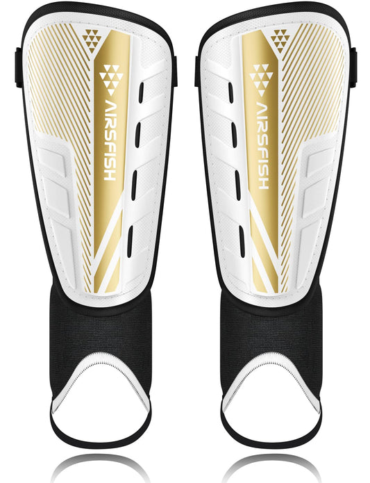 Upgraded Soccer Shin Guards for Kids Youth Adults, CE Certified AirsFish Shin Guard Sleeves Protection Gear for Boys Girls Soccer Games EVA Cushion Reduce Shocks and Injuries (X-Small, White+Gold)