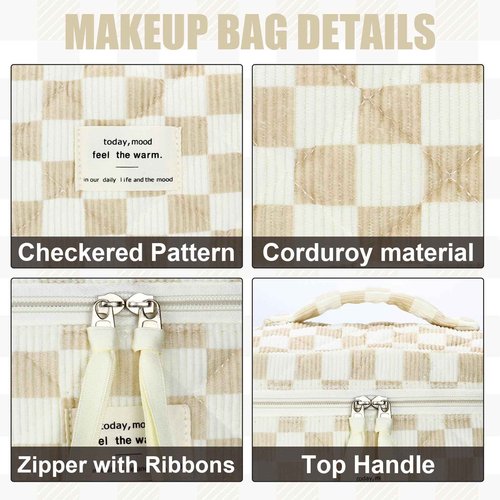 BuyCard Quilted Makeup Bag Set, 3Pcs Large Checkered Corduroy Cosmetic Bags, Cute Coquette Makeup Bag Toiletry Zipper Pouch Bag for Women Checkered Mix Brown