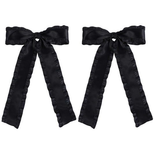 2pc Satin Tassel Ribbon Hair Bows Alligator Clips Black 5.5 inch Big Ruffle Layered Hairbow Barrettes Long Tail for Women Girls Thick Thin Hair Decoration Accessories Present