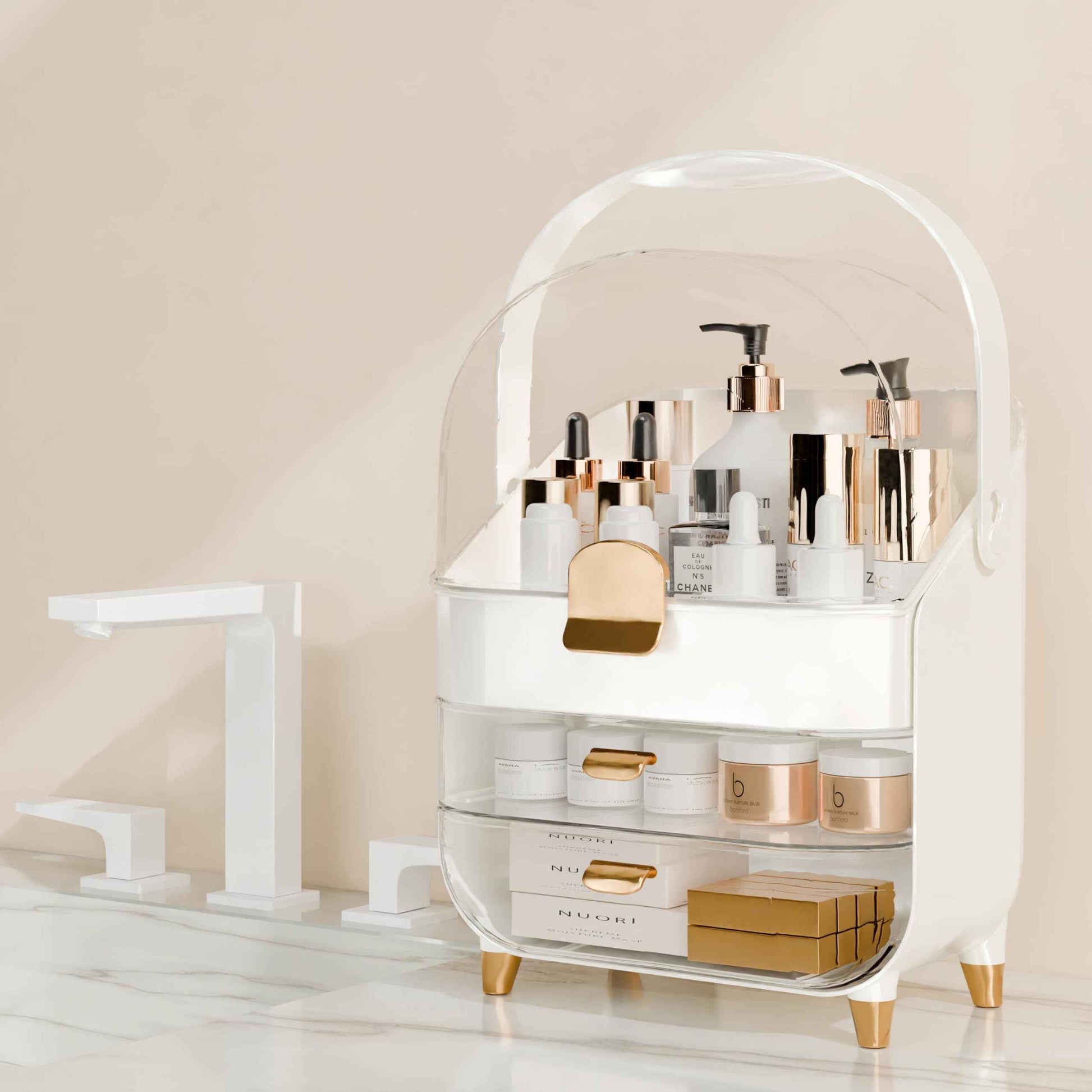 Makeup Organizer Countertop With Lid And Drawers Large Skin Care Cosmetic Display Case Holder for Vanity Desk Bathroom Storage Box,White