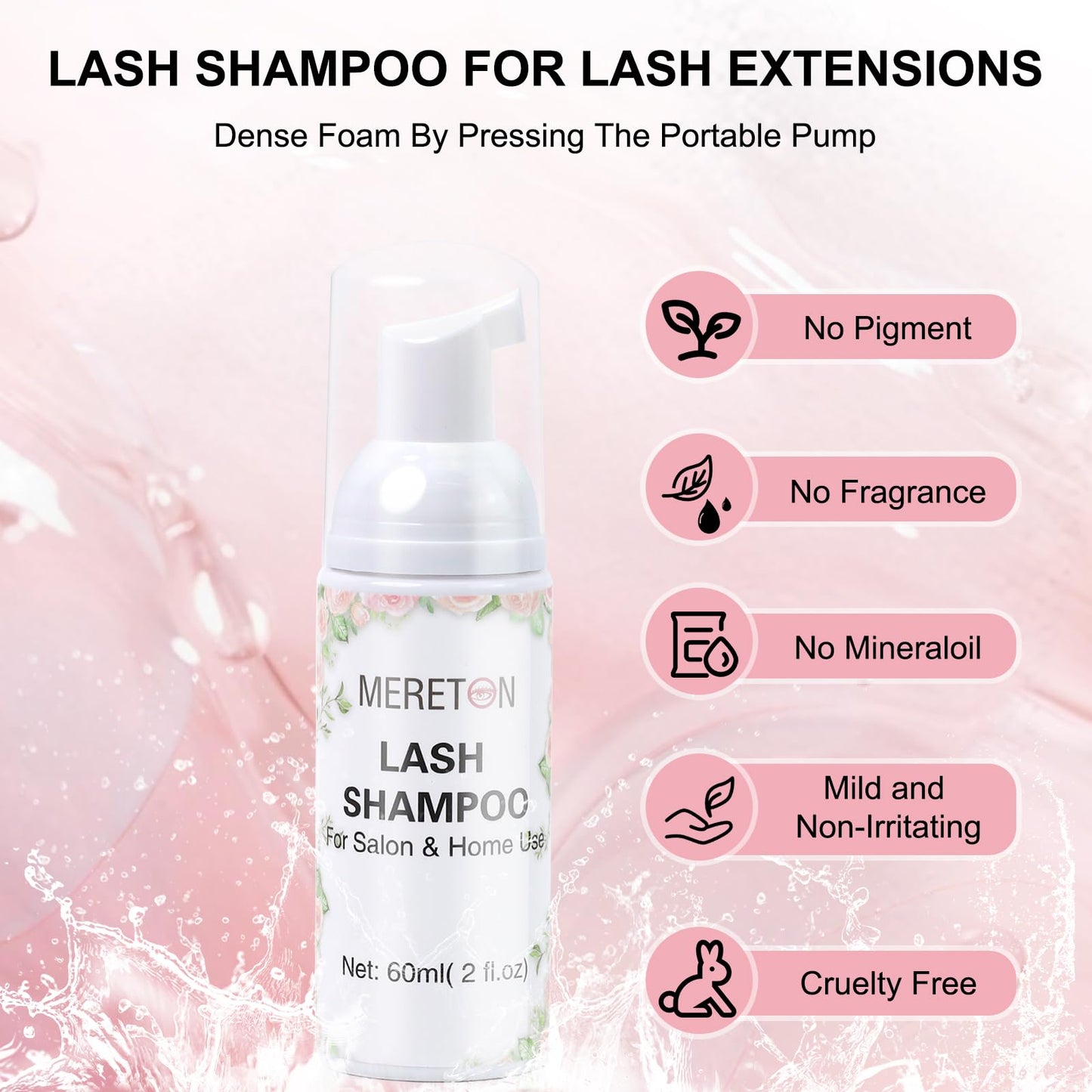 MERETON Lash Shampoo Kit for Lash Extensions, Eyelash Extension Cleanser Lash Cleaner Lash Cleaning Kit for Cluster Lashes Lash Bath with Makeup Pad+ Brush+Rinse Bottle, Oil Free Foam