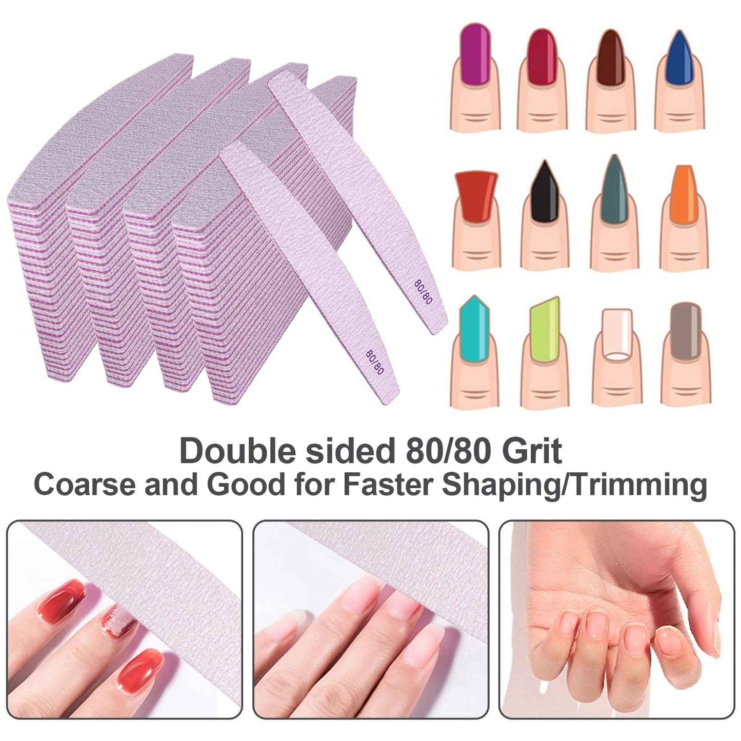Nail Files 80/80 Grit (100 Pack), Emery Boards for Acrylic Nails and Gel Nails, Coarse Nail File 80 Grits Double Sided Emory Board Professional Nail Filers Reusable Washable Manicure Curved Gray Bulk