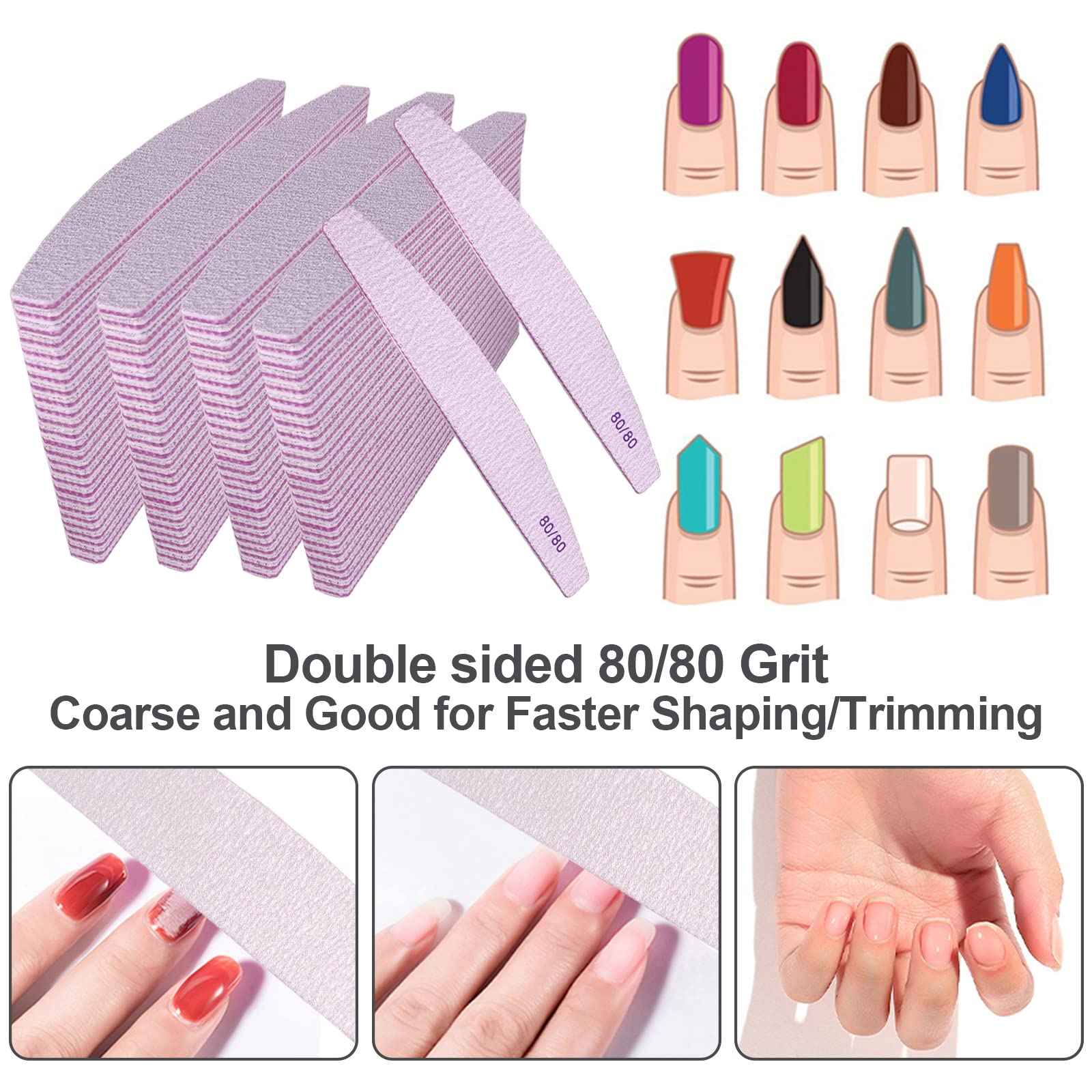 Nail Files 80/80 Grit (100 Pack), Emery Boards for Acrylic Nails and Gel Nails, Coarse Nail File 80 Grits Double Sided Emory Board Professional Nail Filers Reusable Washable Manicure Curved Gray Bulk