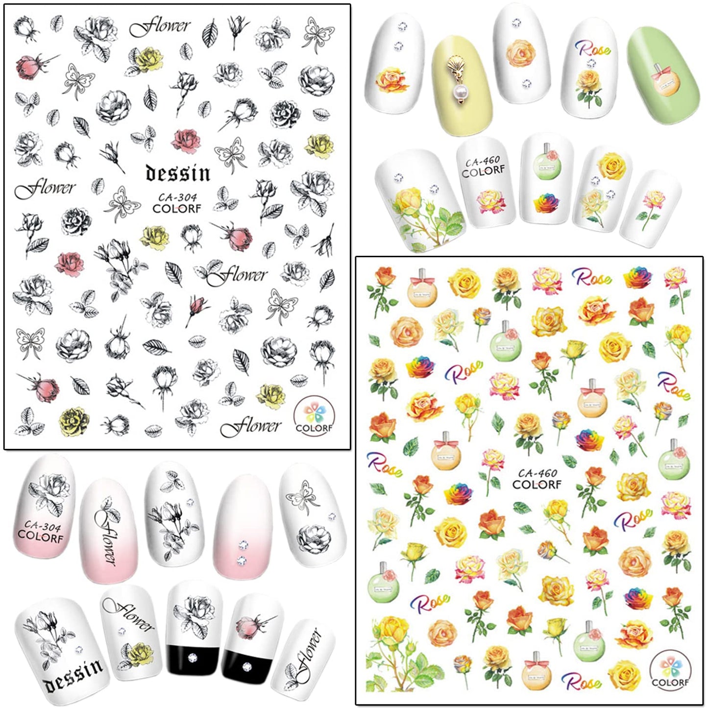 Rose Nail Art Stickers, Flowers Nail Art Decals 3D Self-Adhesive Floral Nail Sticker Design Holographic Red Yellow Pink Black Rose Nail Decal Supplies for Women Girls Manicure Charms Decoration