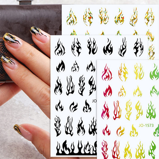 12 Colors Flame Nail Art Stickers, 3D Fire Self-Adhesive Sticker Design, Laser Gold Silver Red Black White Pink Yellow Green Flame Nail Transfer Decals Supplies for Women Manicure Decorations