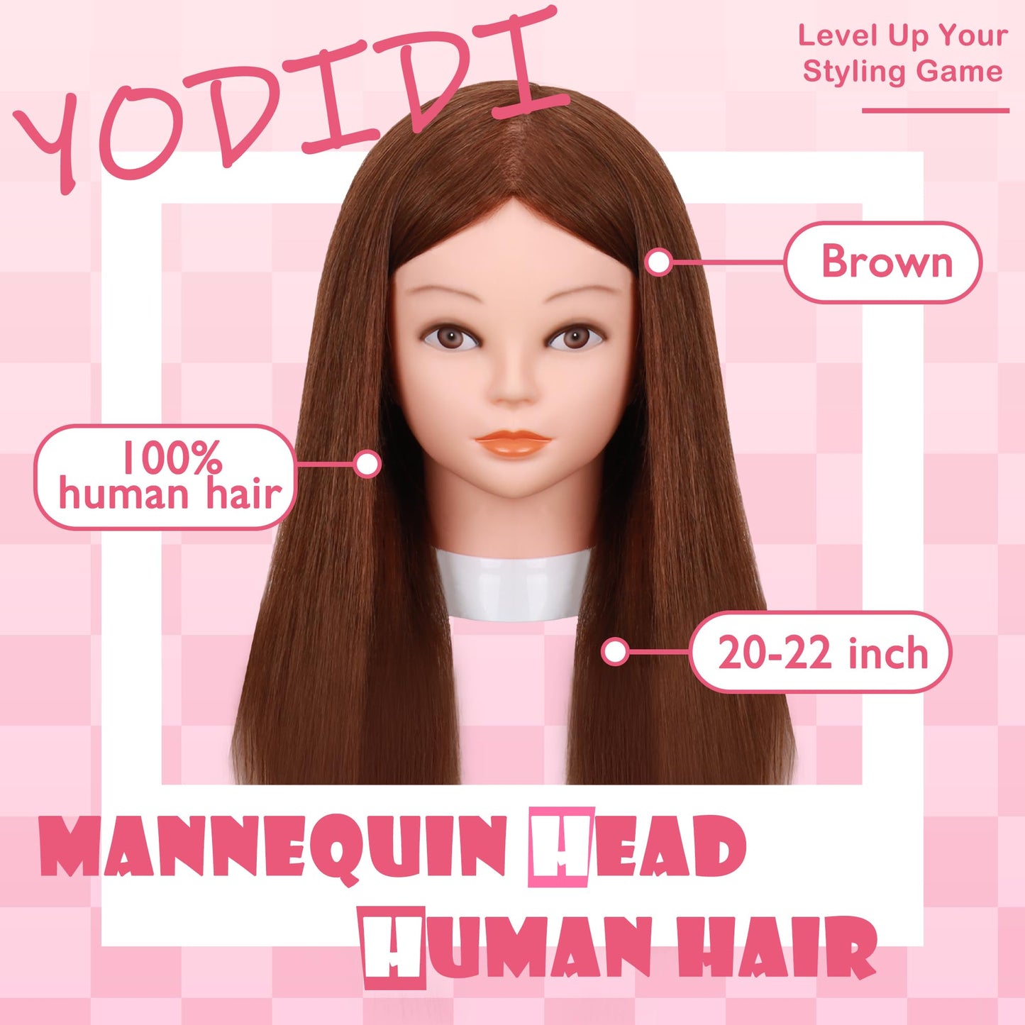 YODIDI Mannequin Head Human Hair, 20"-22" Cosmetology Mannequin Head with 100% Human Hair for Hair Styling Hairdressing Practice with Table Clamp Stand and Tools