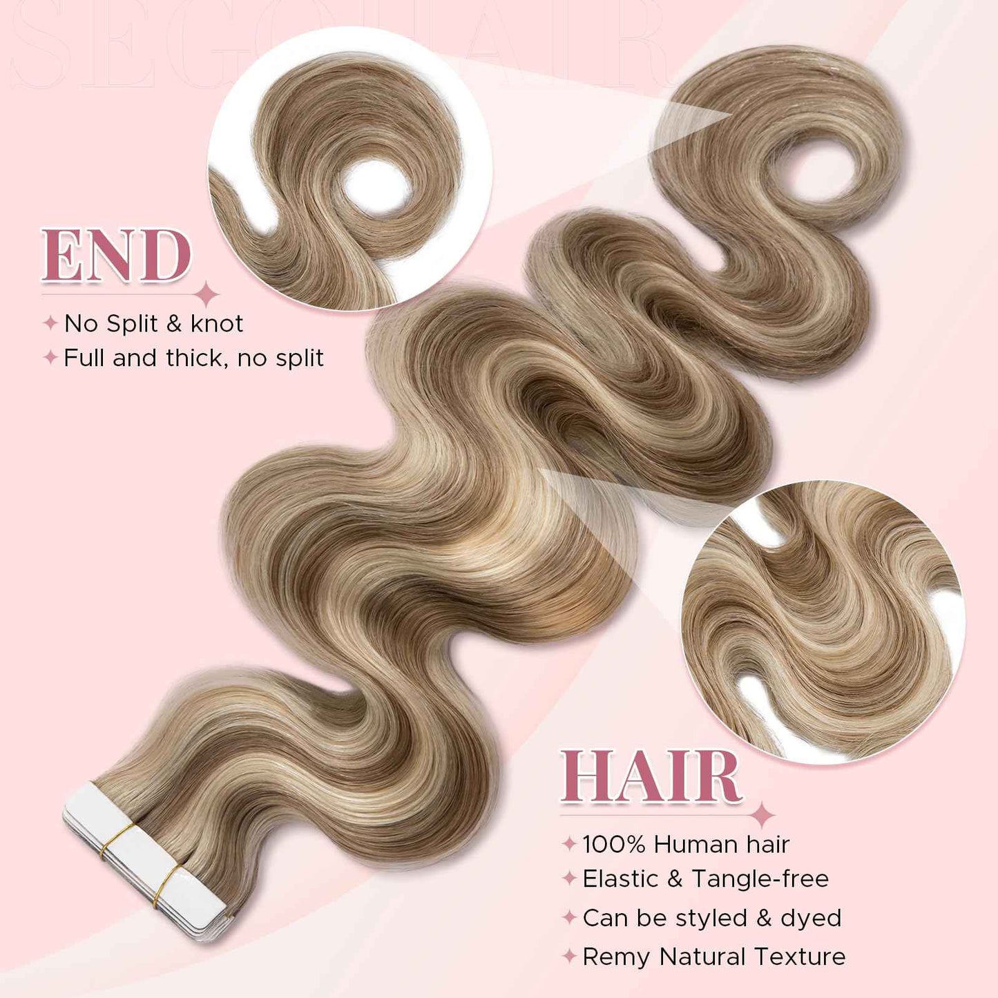 SEGOHAIR Wavy Tape In Hair Extensions Real Human Hair with Double-Sided Adhesive Professional Hair Extensions for Women 20pcs Body Wave 14 Inches Medium Brown Mixed Bleach Blond