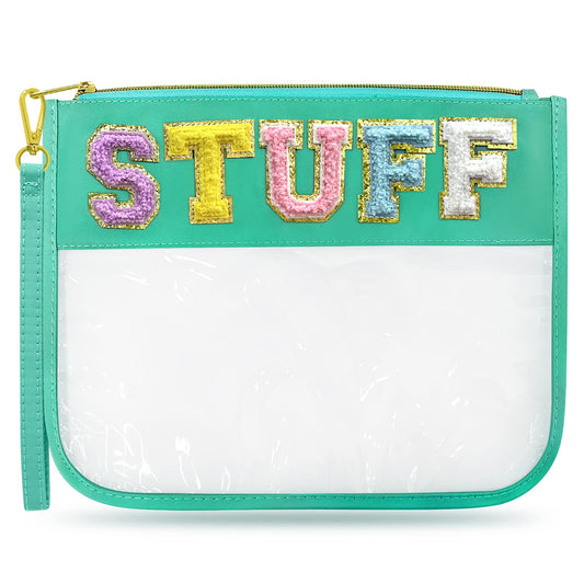 LSxia Chenille Letter Clear Travel Zipper Pouch Nylon Makeup Bag, Preppy Bag Cosmetic Toiletry Water-proof Snack Bags for Women Girls (Green-Stuff)