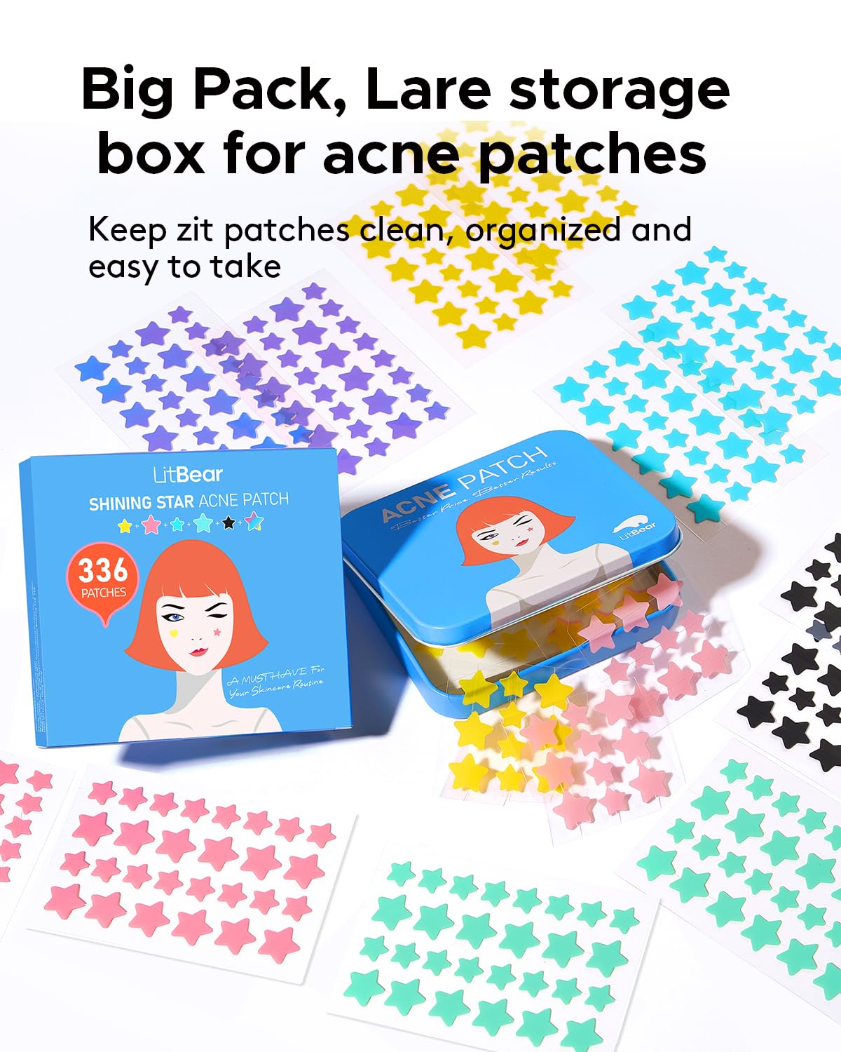 LitBear Acne Patch Pimple Patch, 6 Colors 336 Dots Star Pimple Patches with Tea Tree Oil & Centella Oil, Hydrocolloid Acne Pimple Patches for Face Cute Zit Patches Pimple Stickers Acne Dots