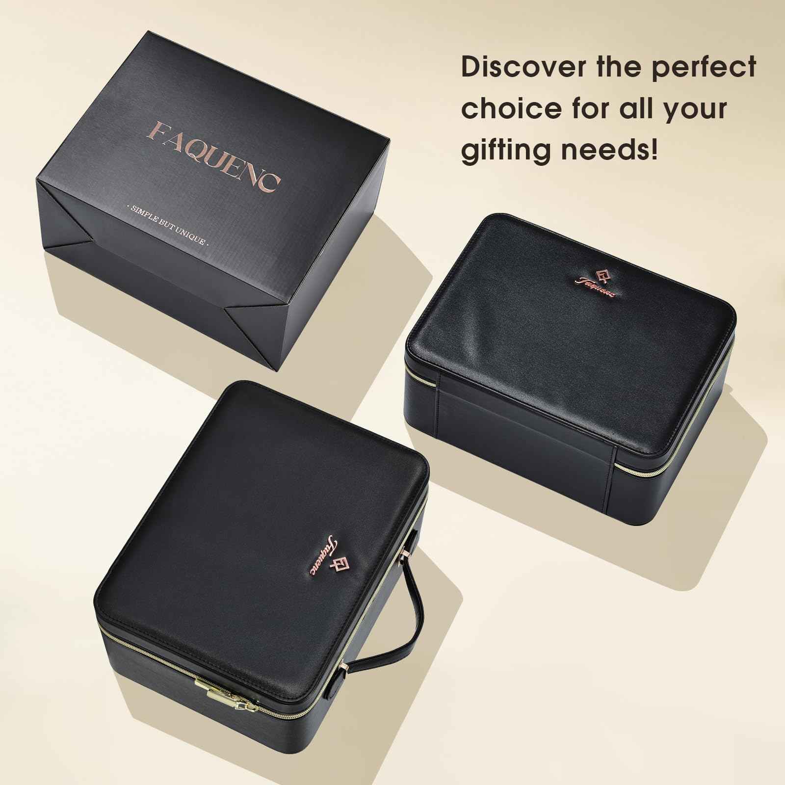 Faquenc 11.4 Inch Extra Large Makeup Bag with LED Lighted Mirror Leather Cosmetic Train Case Light up Mirror Portable Makeup Artist Storage Bag with Dividers Makeup Brush Holder Vanity Black